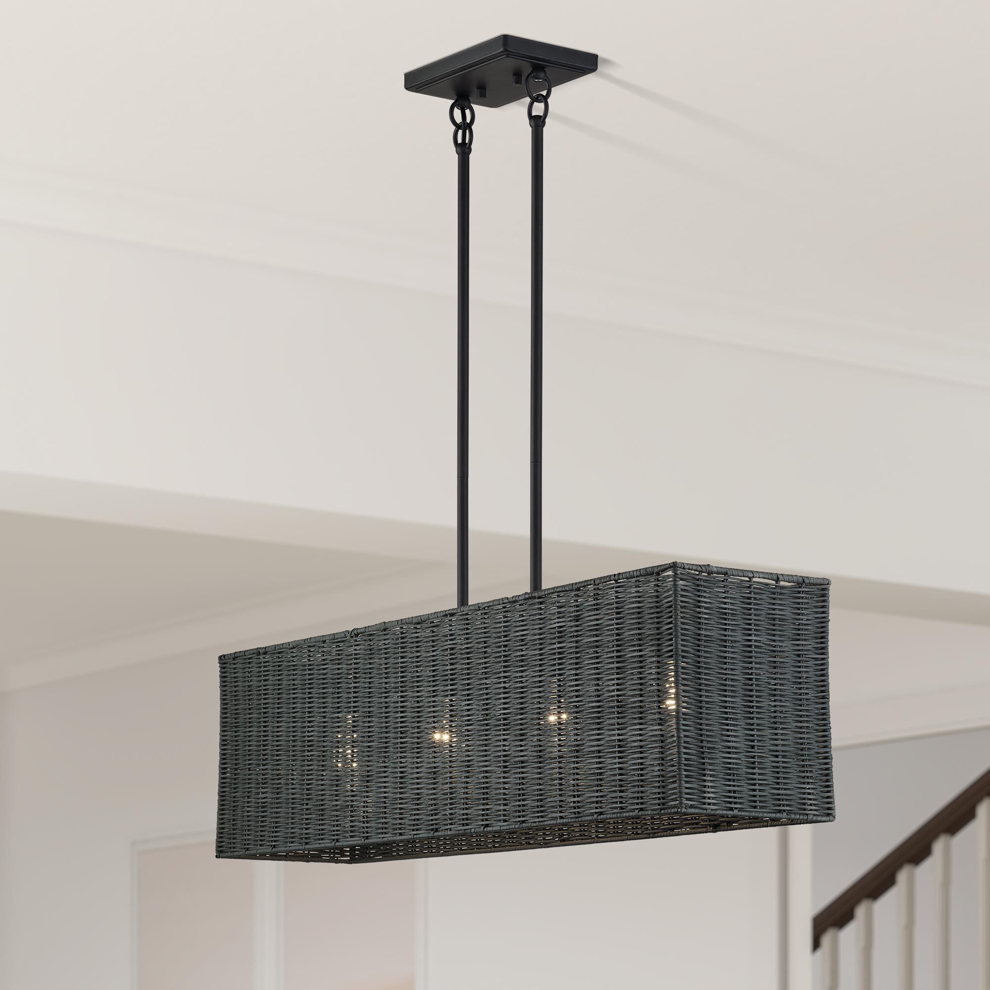 Shown in Black finish and Hand-Woven Charred Gray Color Rattan shade