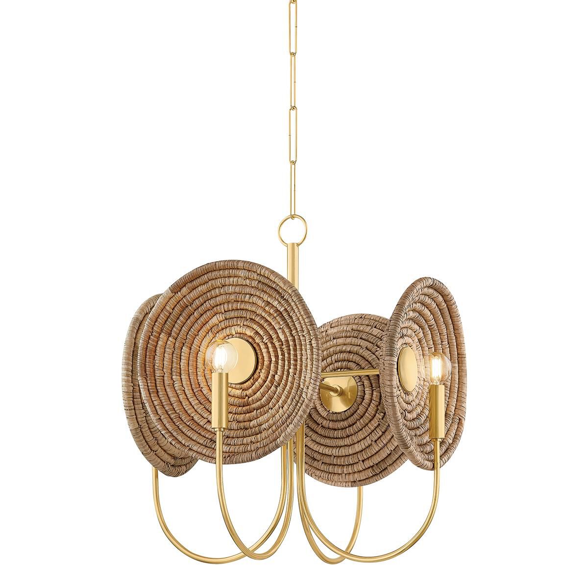 Shown in Aged Brass finish and Woven Natural Fiber shade