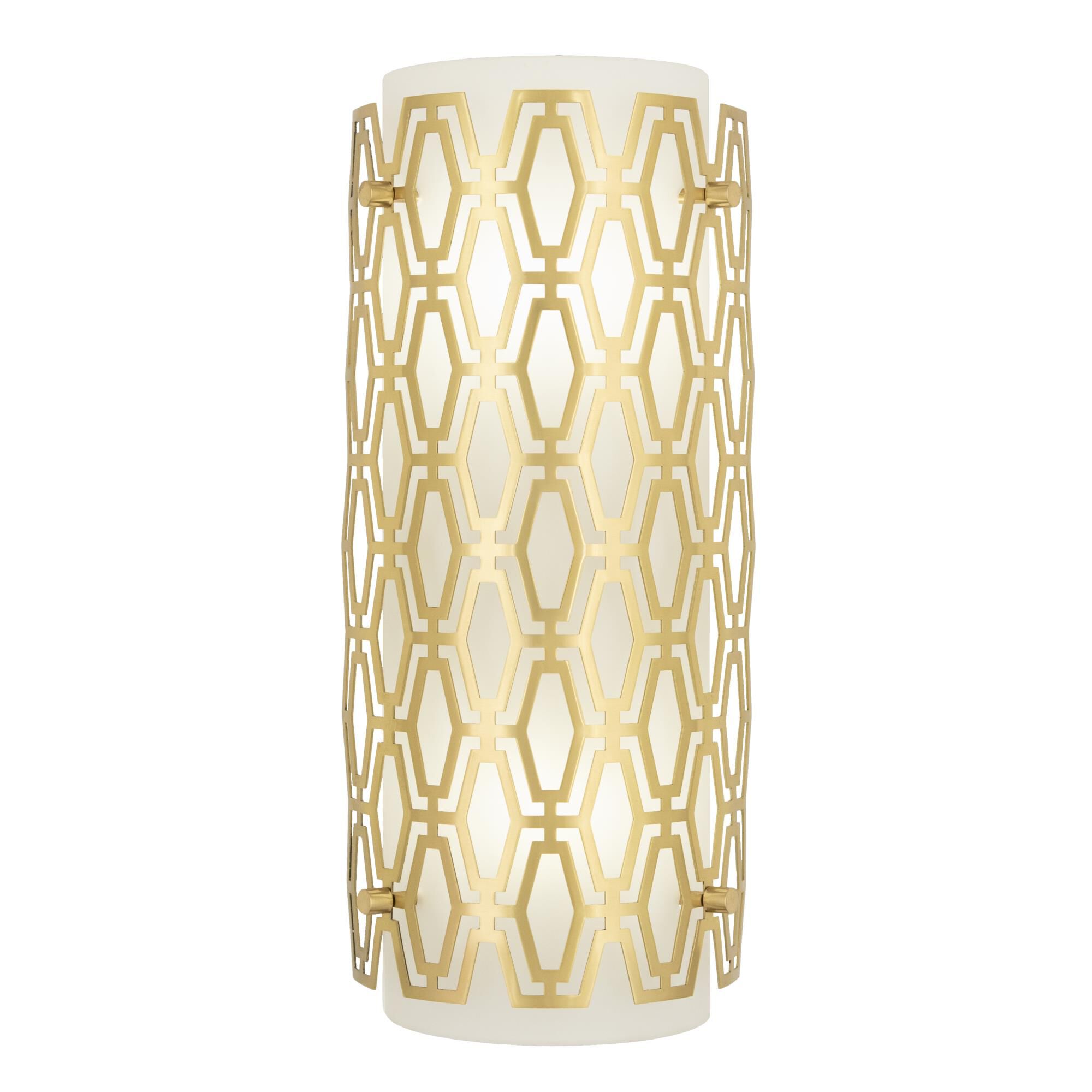 Shown in Modern Brass finish and Frosted Cased White glass