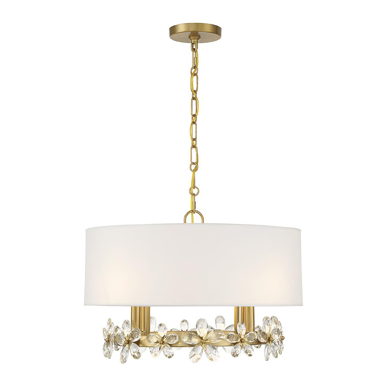 Shown in Warm Brass finish and Clear crystal and White Linen Fabric shade