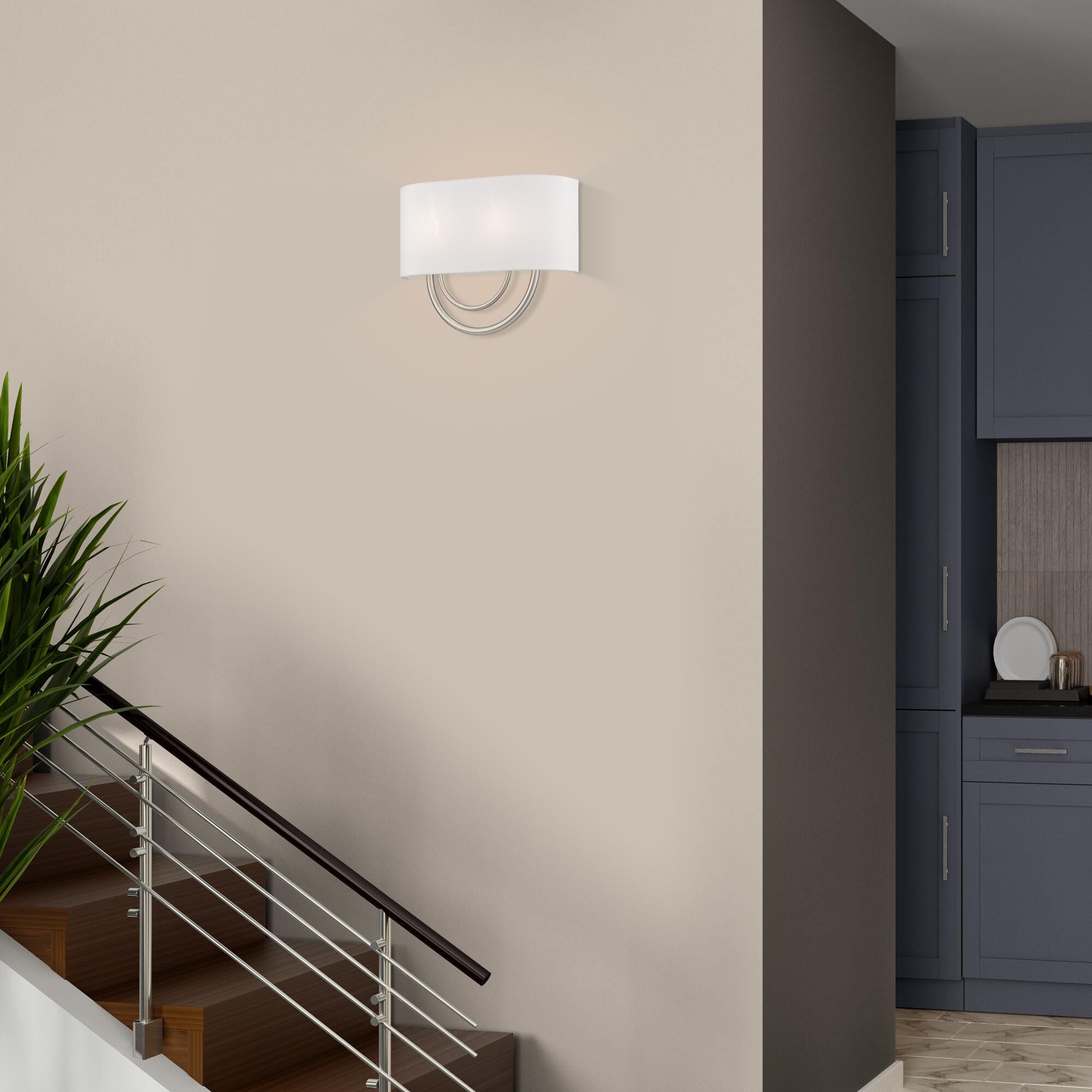 Shown in Brushed Nickel finish and Hand Crafted Off-White Fabric Hardback with White Fabric Inside shade