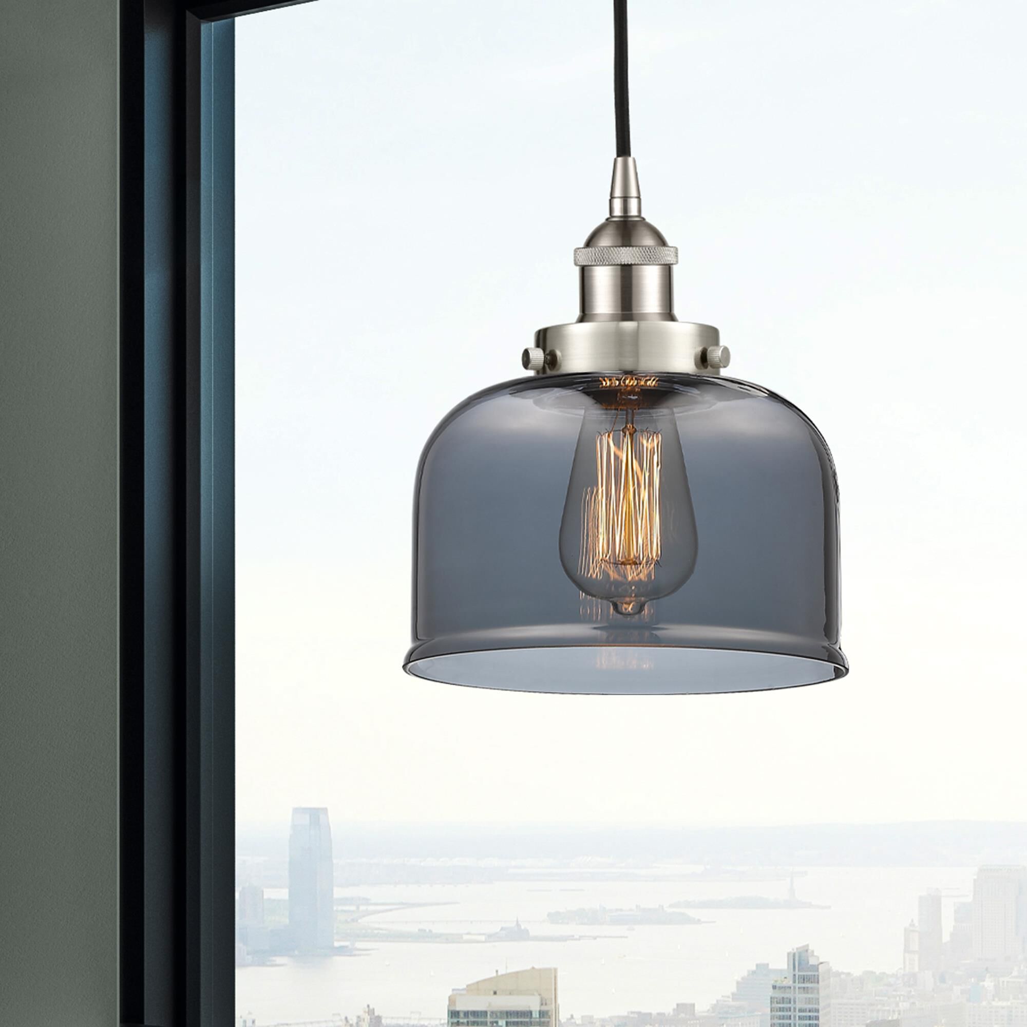 Shown in Brushed Satin Nickel finish and Plated Smoke glass