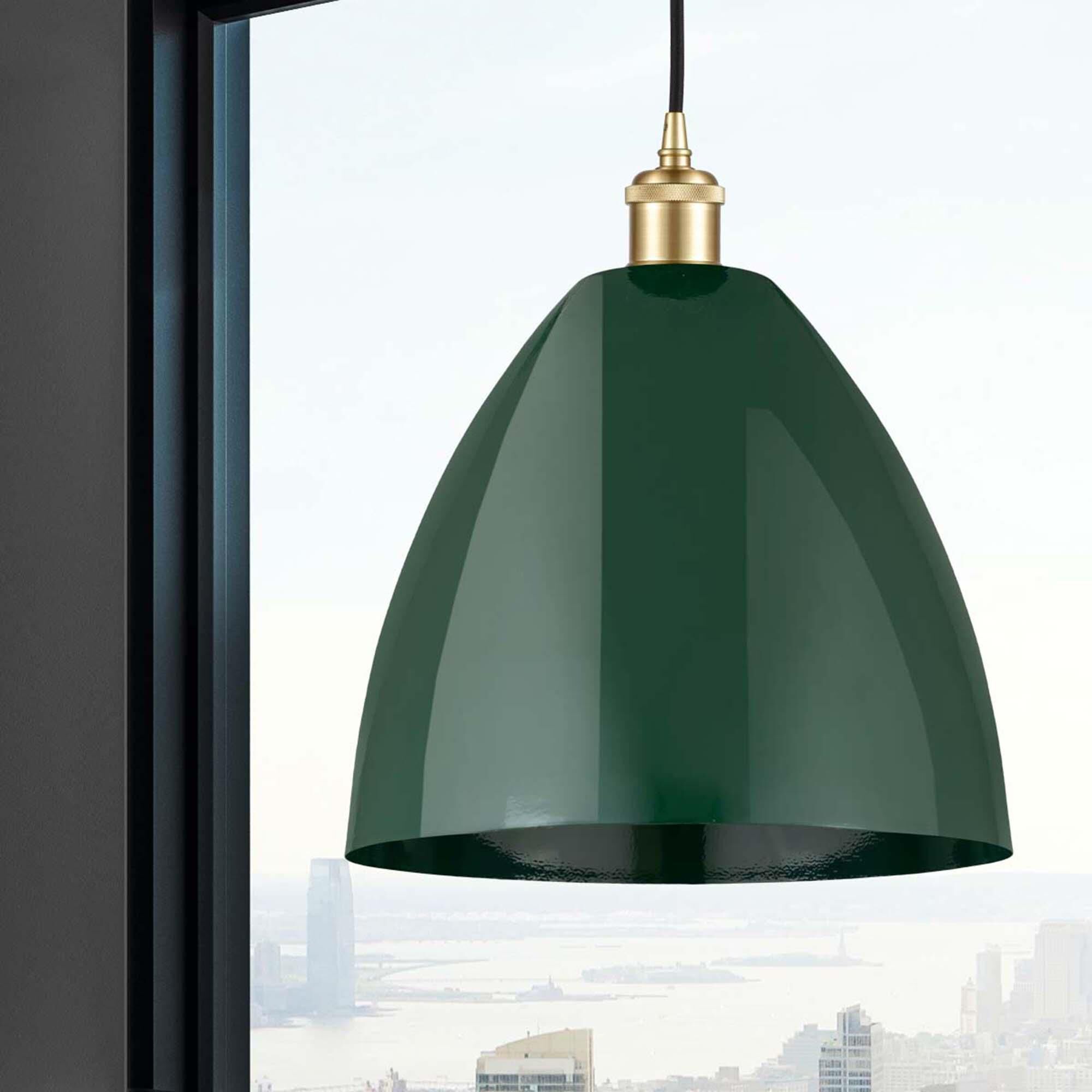 Shown in Satin Gold finish and Green Plymouth Dome shade