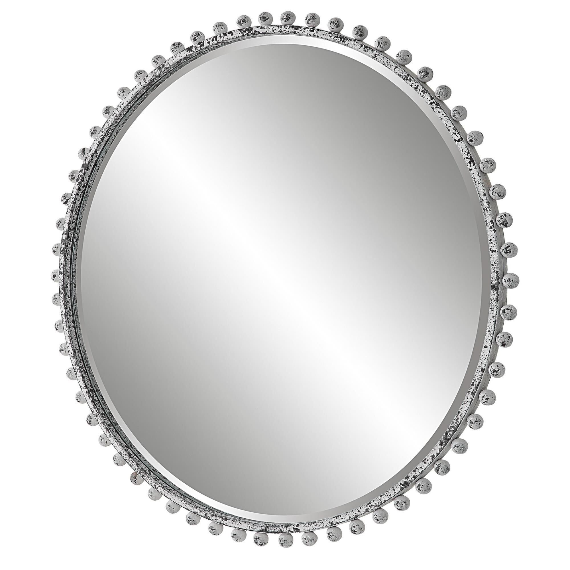 Shown in Petite Iron Spheres Line The Outer Edge Of This Round Frame, Finished In A Heavily Distressed Aged W finish