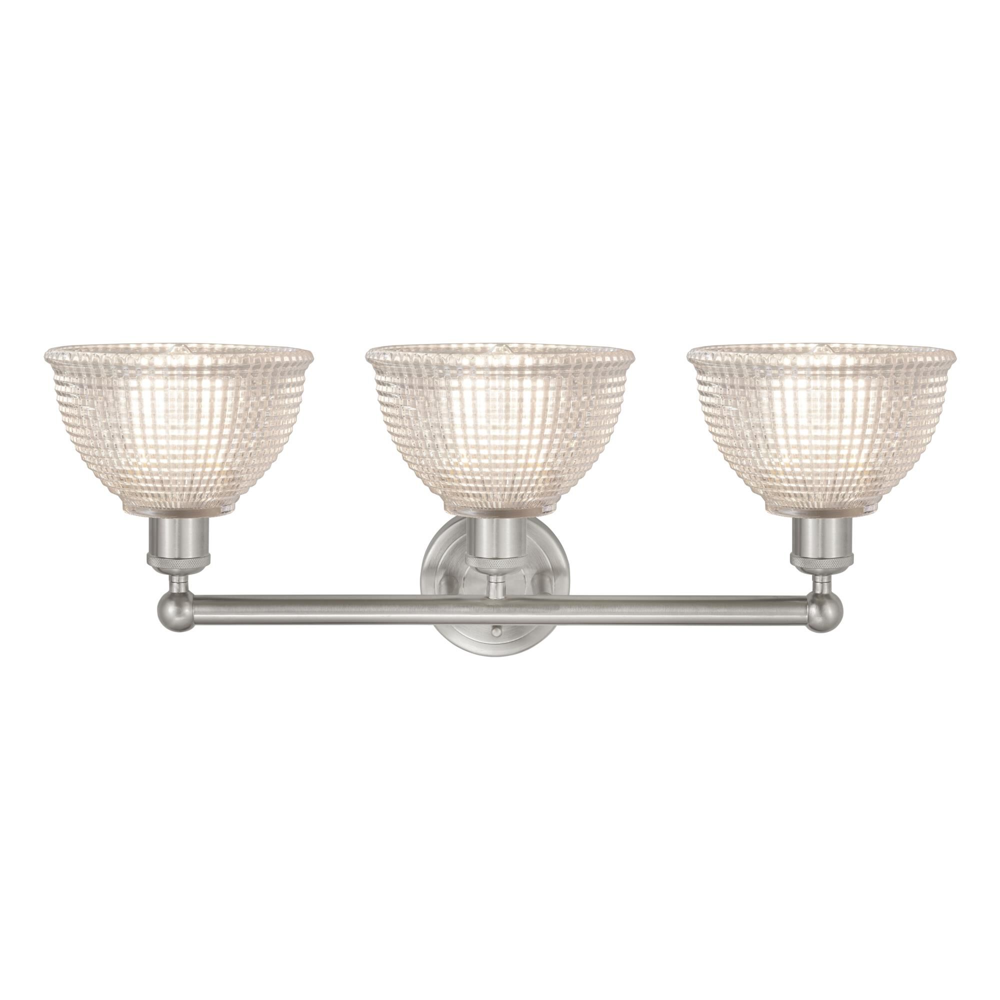 Shown in Brushed Satin Nickel finish and Clear glass