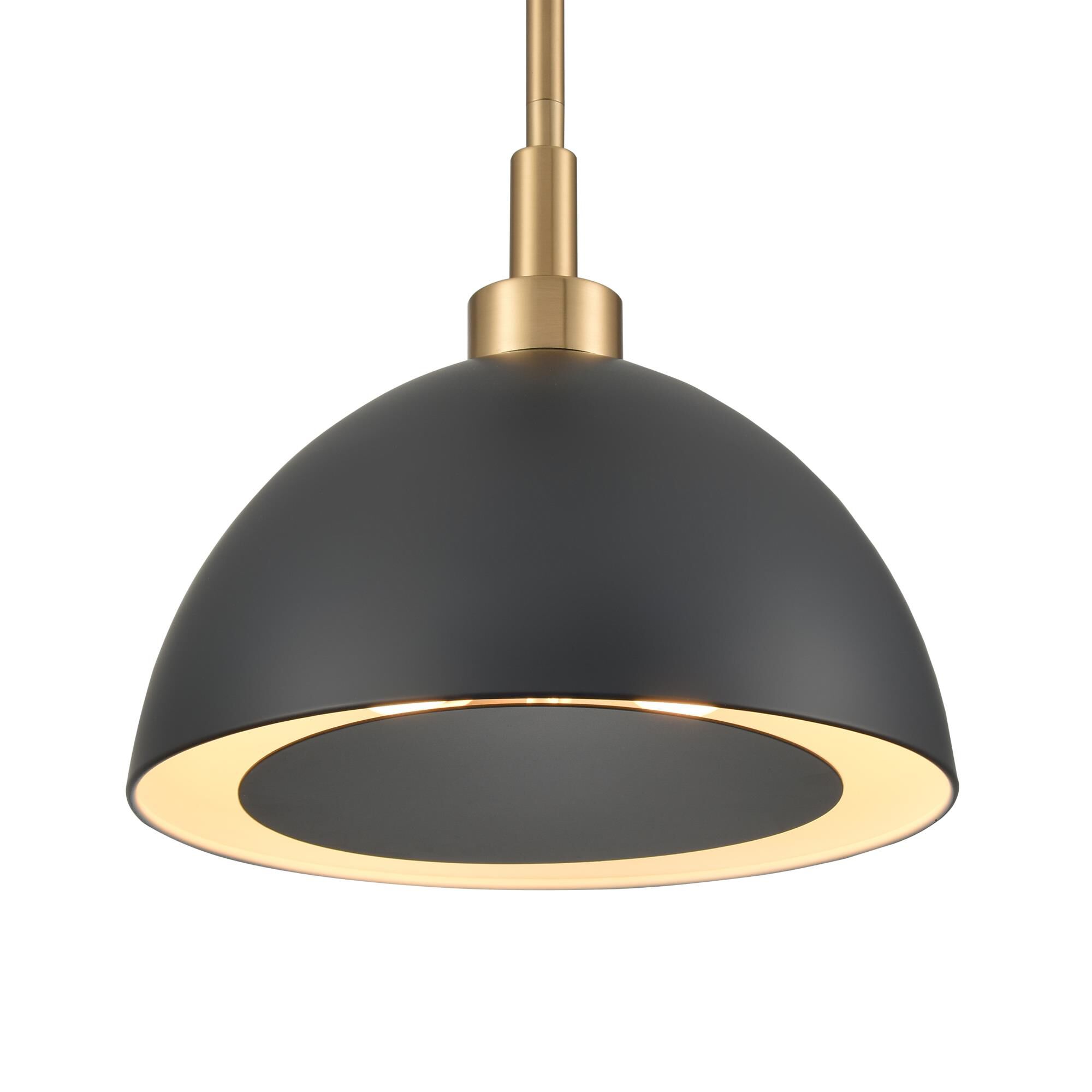 Shown in Satin Brass finish and Matte Black Metal Shade glass and Matte Black Metal shade