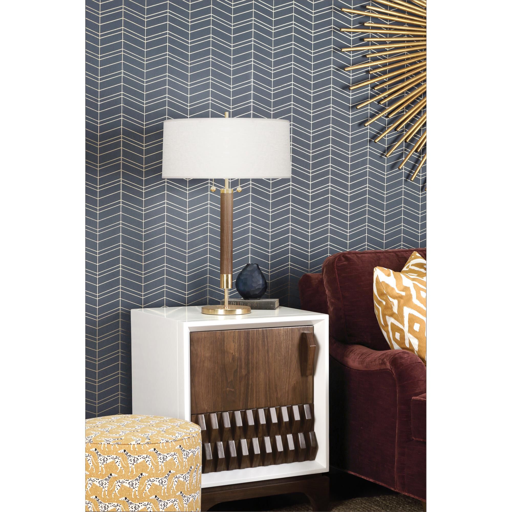 Shown in Modern Brass with Walnuted Wood finish and Oyster Linen shade