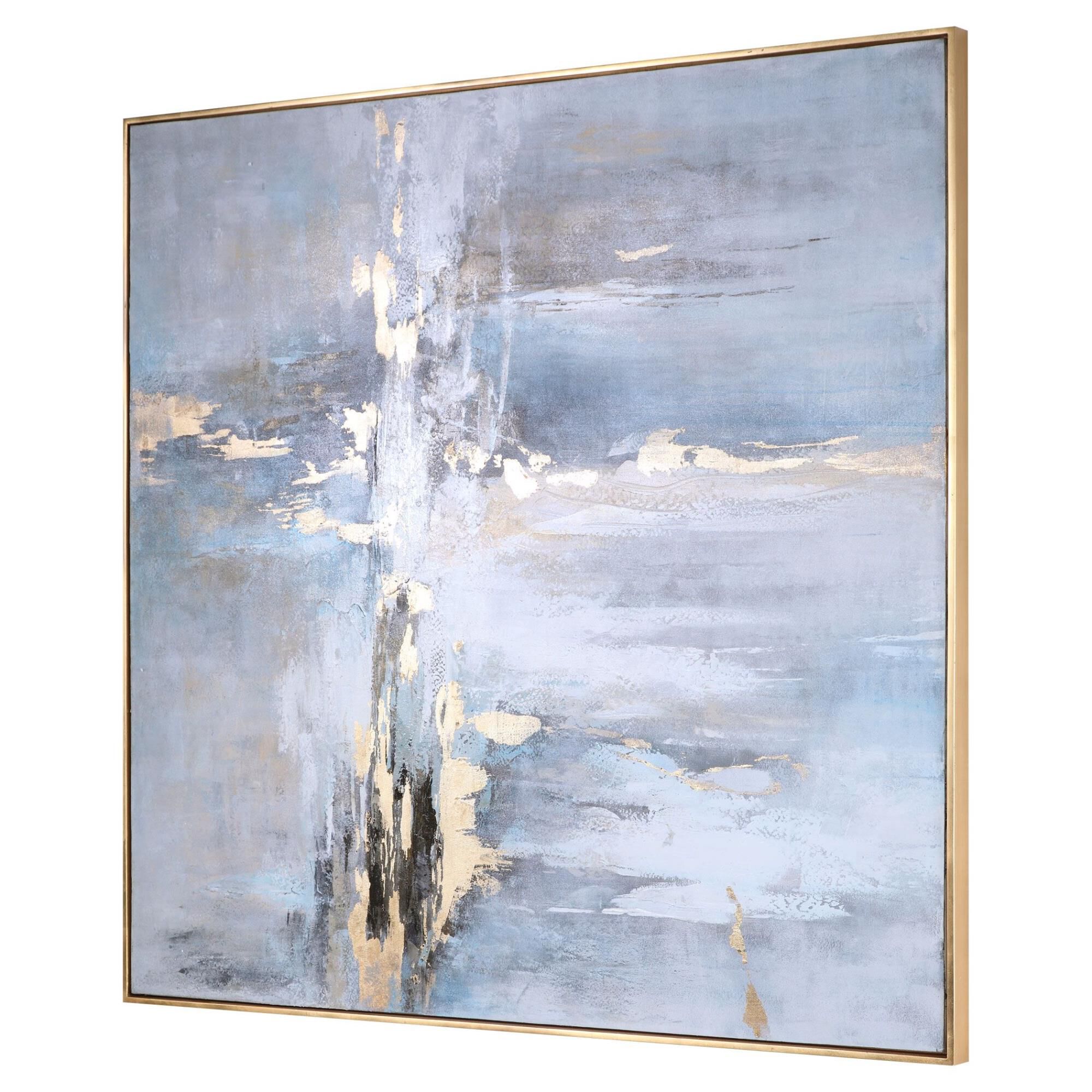 Shown in Antique Gold Leaf Gallery Frame, Hand Painted, Abstract, Light Gray, Charcoal, Gold Leaf, White finish