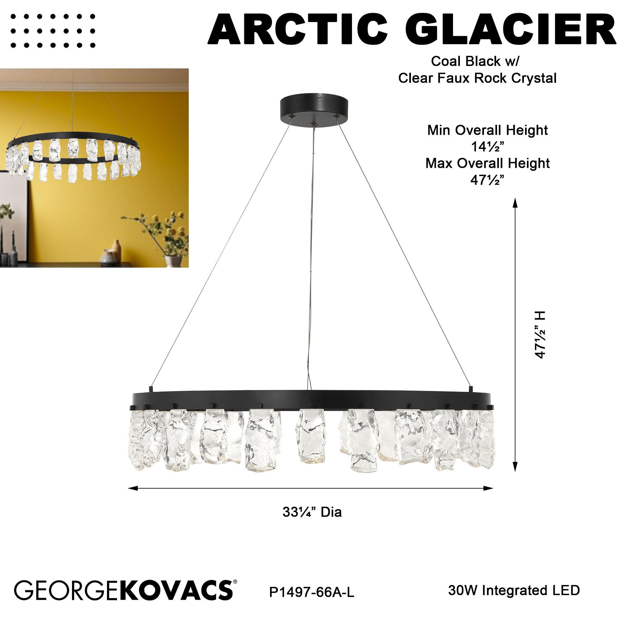 Shown in Coal finish and Faux Rock Crystal glass