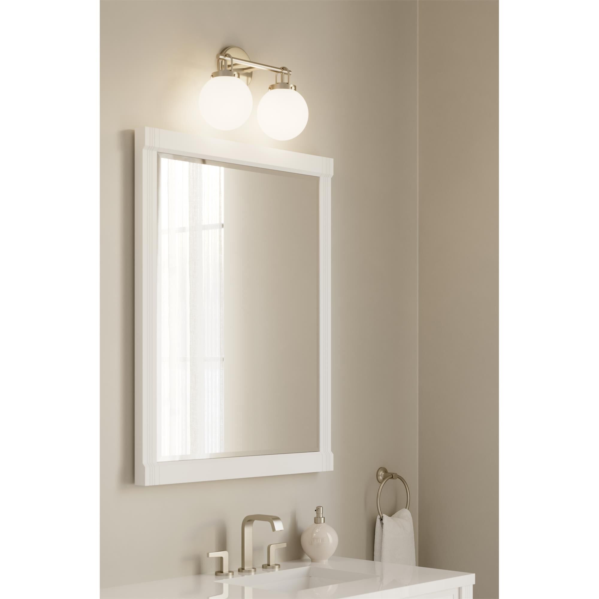 Shown in Brushed Nickel finish and Etched White glass