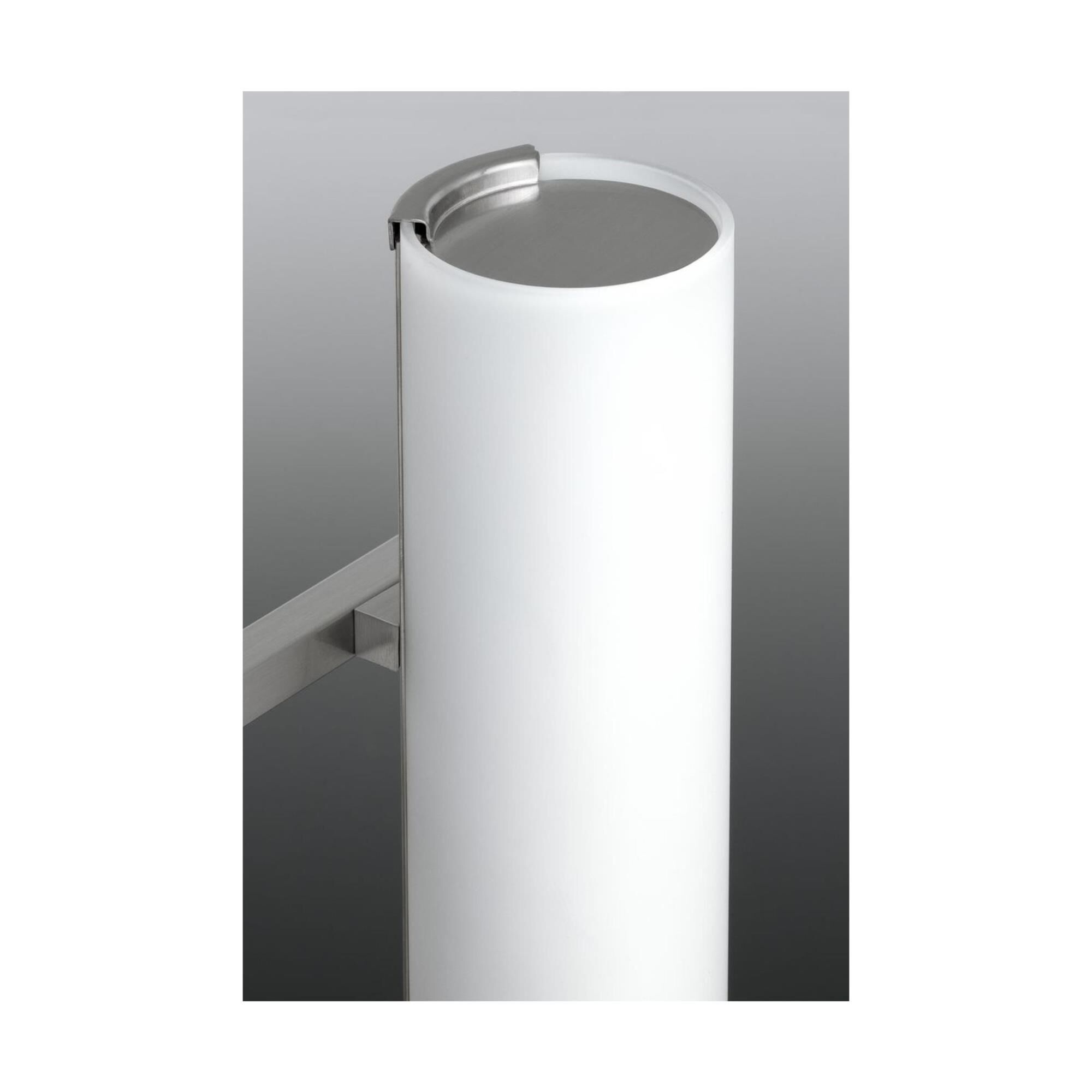 Shown in Brushed Nickel finish and Etched White glass