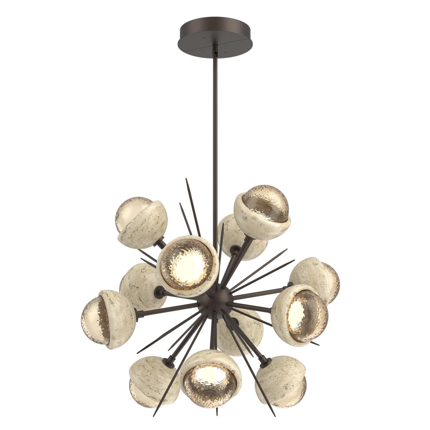Shown in Flat Bronze finish and Amber glass and Travertine Stone accent