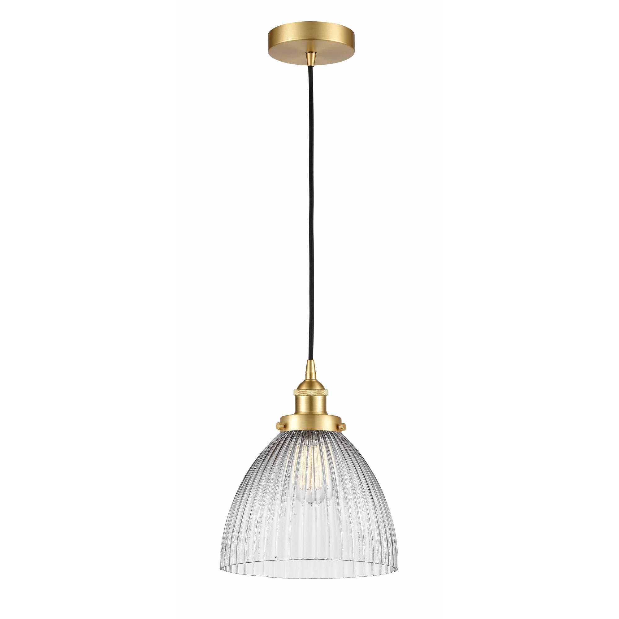 Shown in Satin Gold finish and Clear Halophane Seneca Falls glass