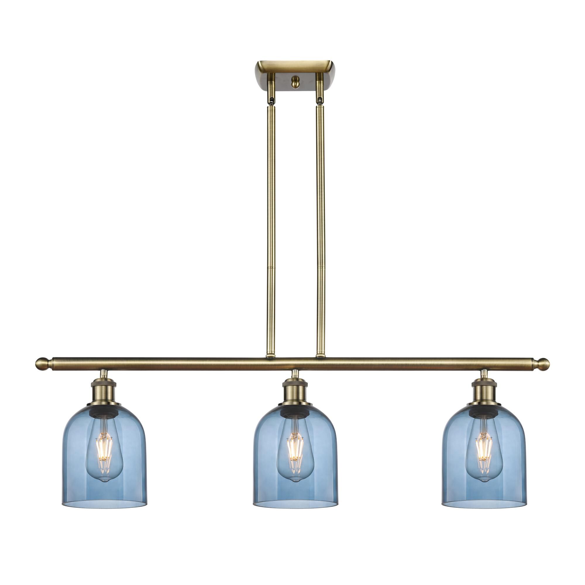 Shown in Antique Brass finish and Princess Blue glass