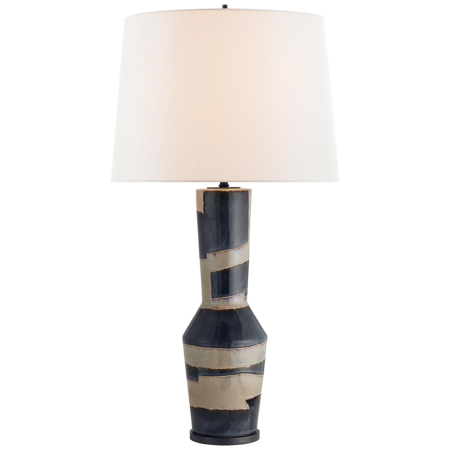 Shown in Sand And Wide Black Stripe finish and Round Linen shade