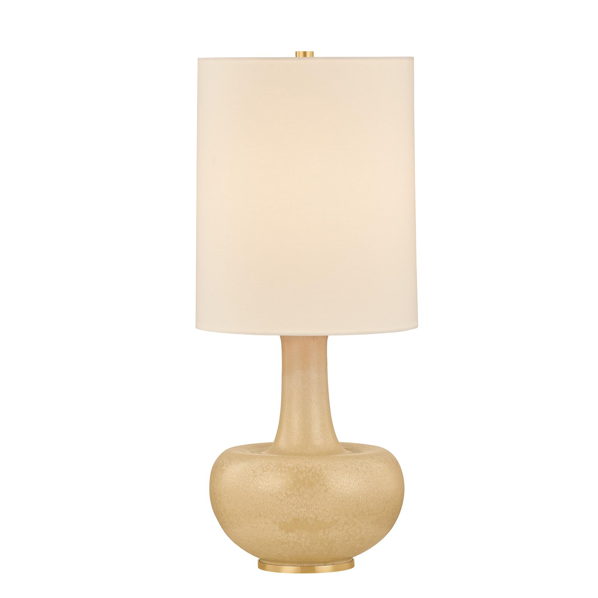 Shown in Aged Brass and Ceramic Biscotti Reactive finish and Textured Linen shade