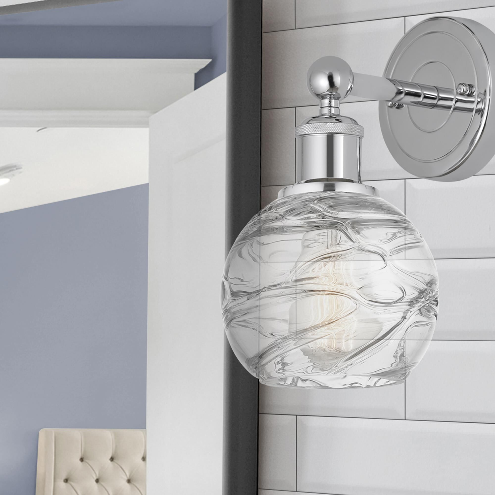 Shown in Polished Chrome  finish and Clear Deco Swirl glass