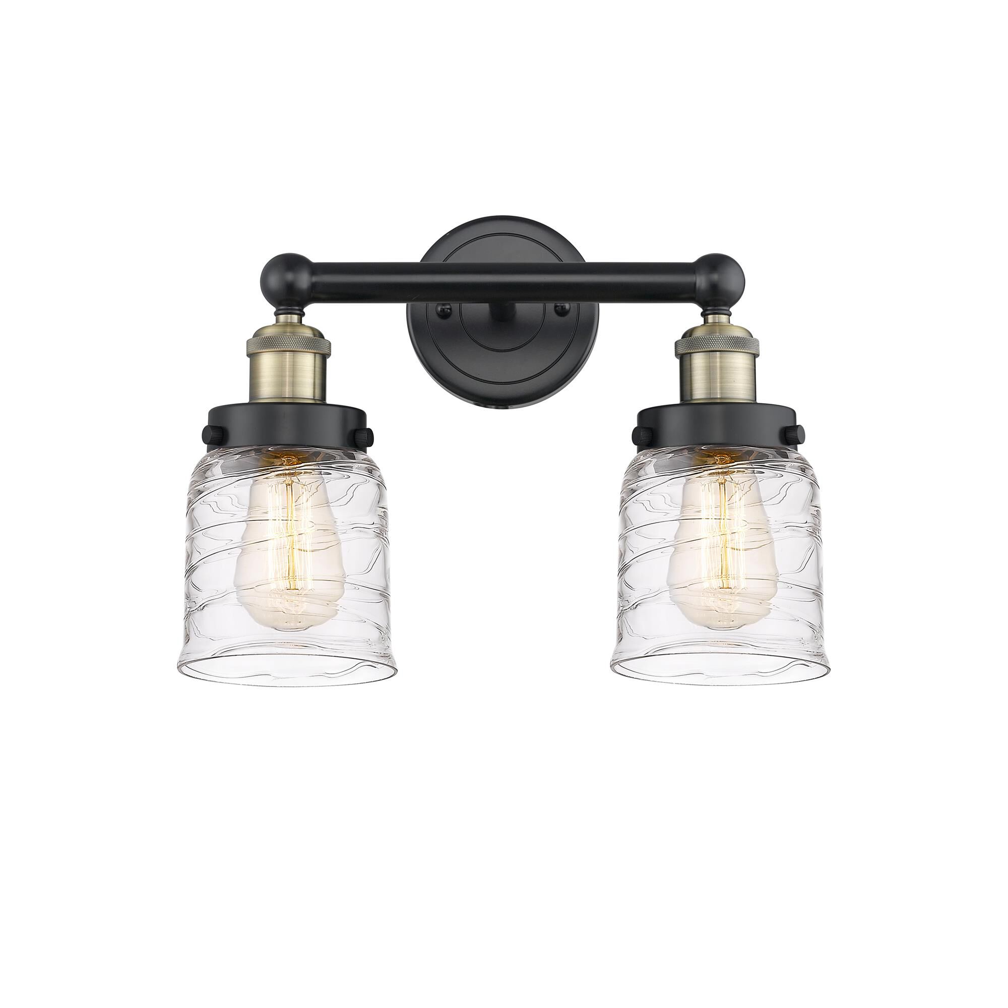 Shown in Black Antique Brass finish and Clear Deco Swirl glass