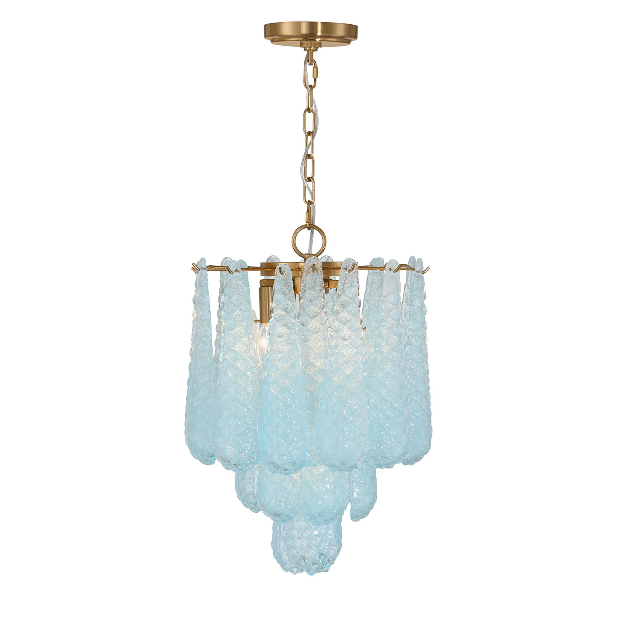 Shown in Aged Brass finish and Sand Blue glass