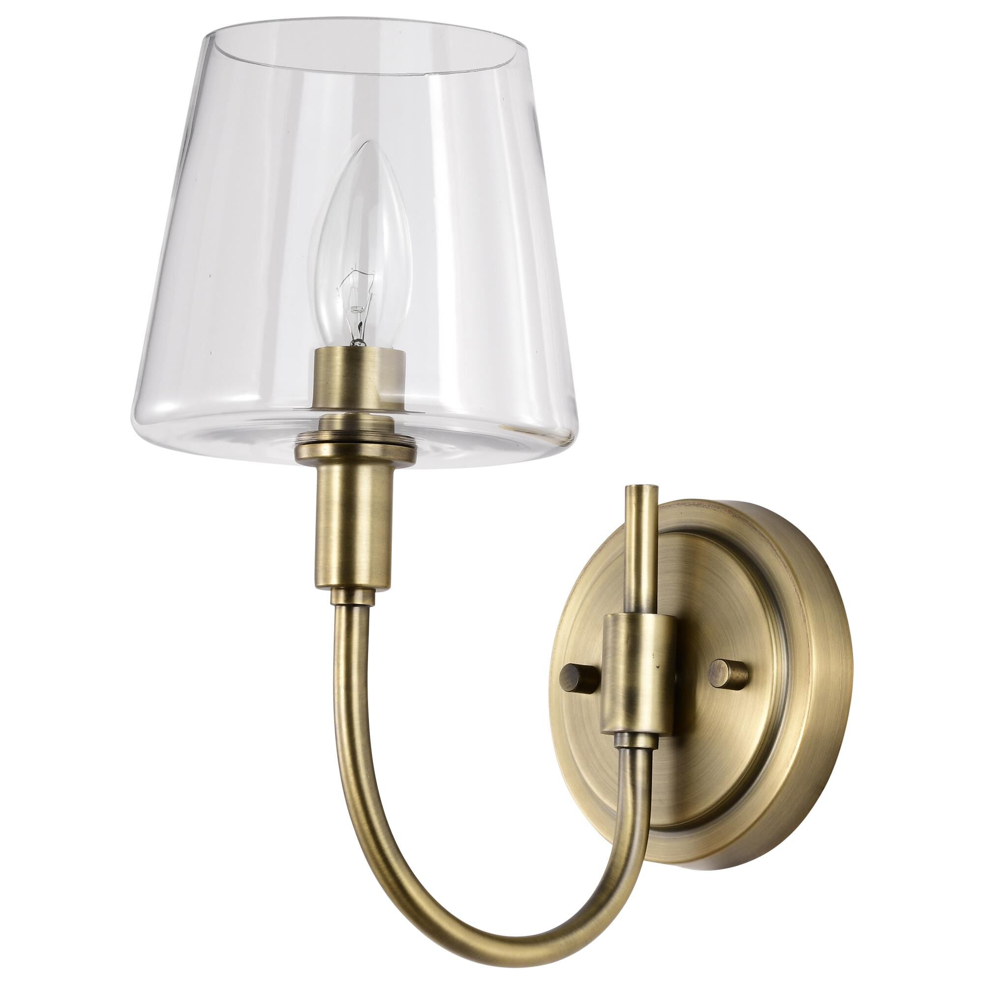 Shown in Vintage Brass finish and Clear glass and Glass shade