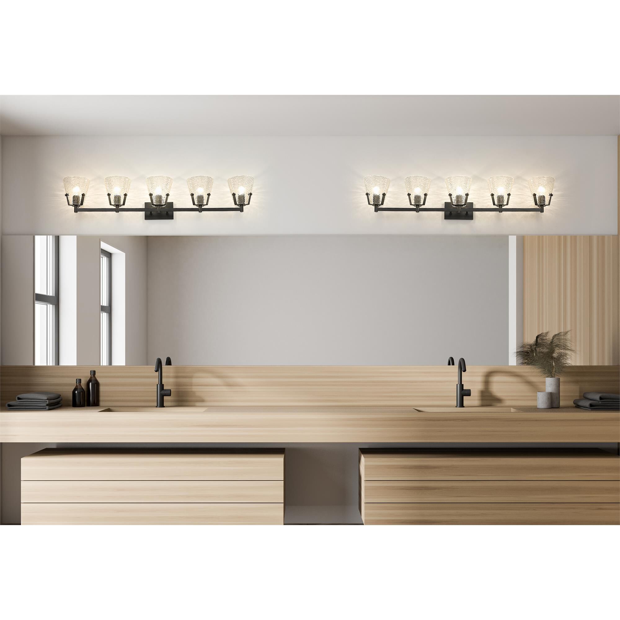 Shown in Matte Black finish and Clear Ribbed glass
