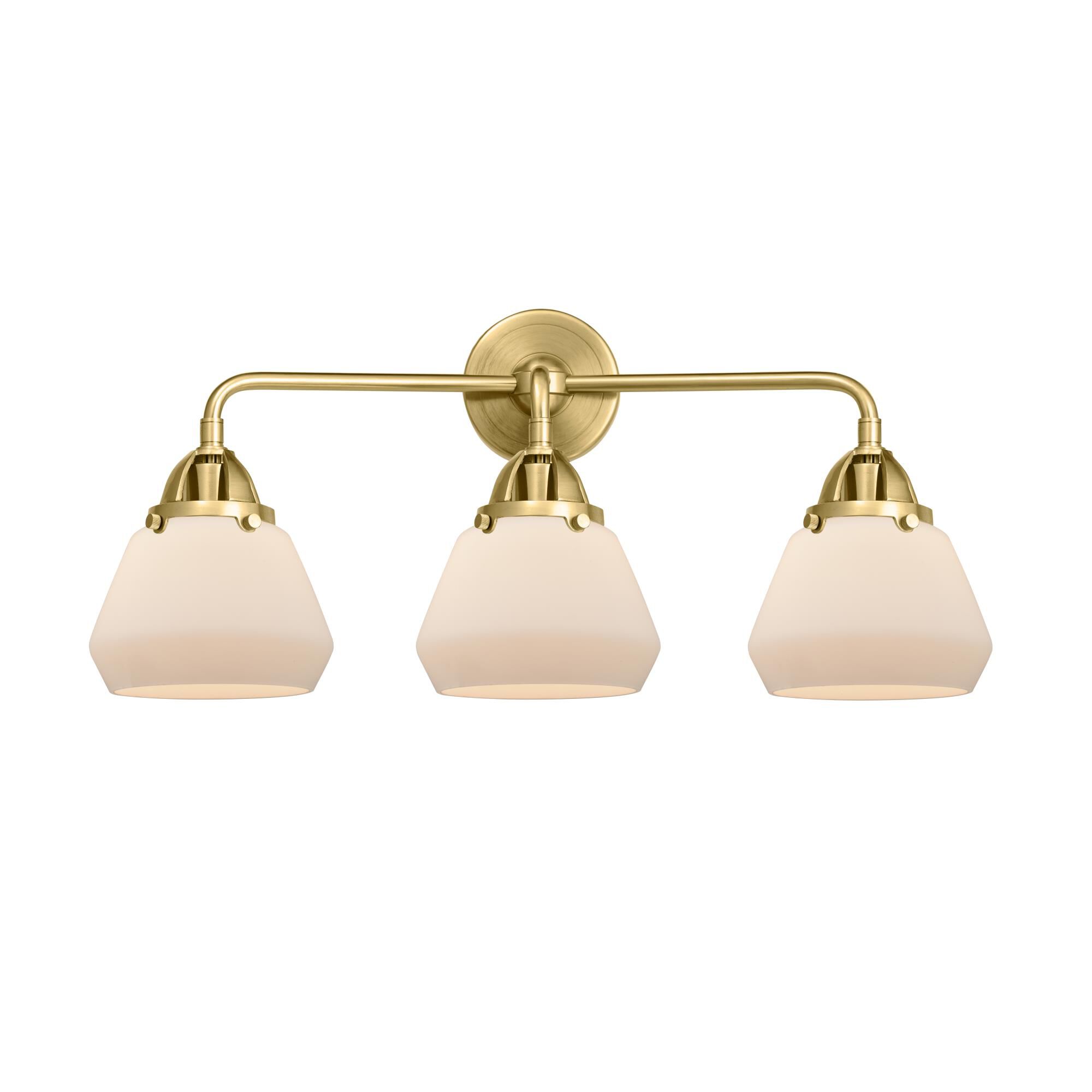 Shown in Satin Gold finish and Matte White Cased Fulton glass and No Shade shade