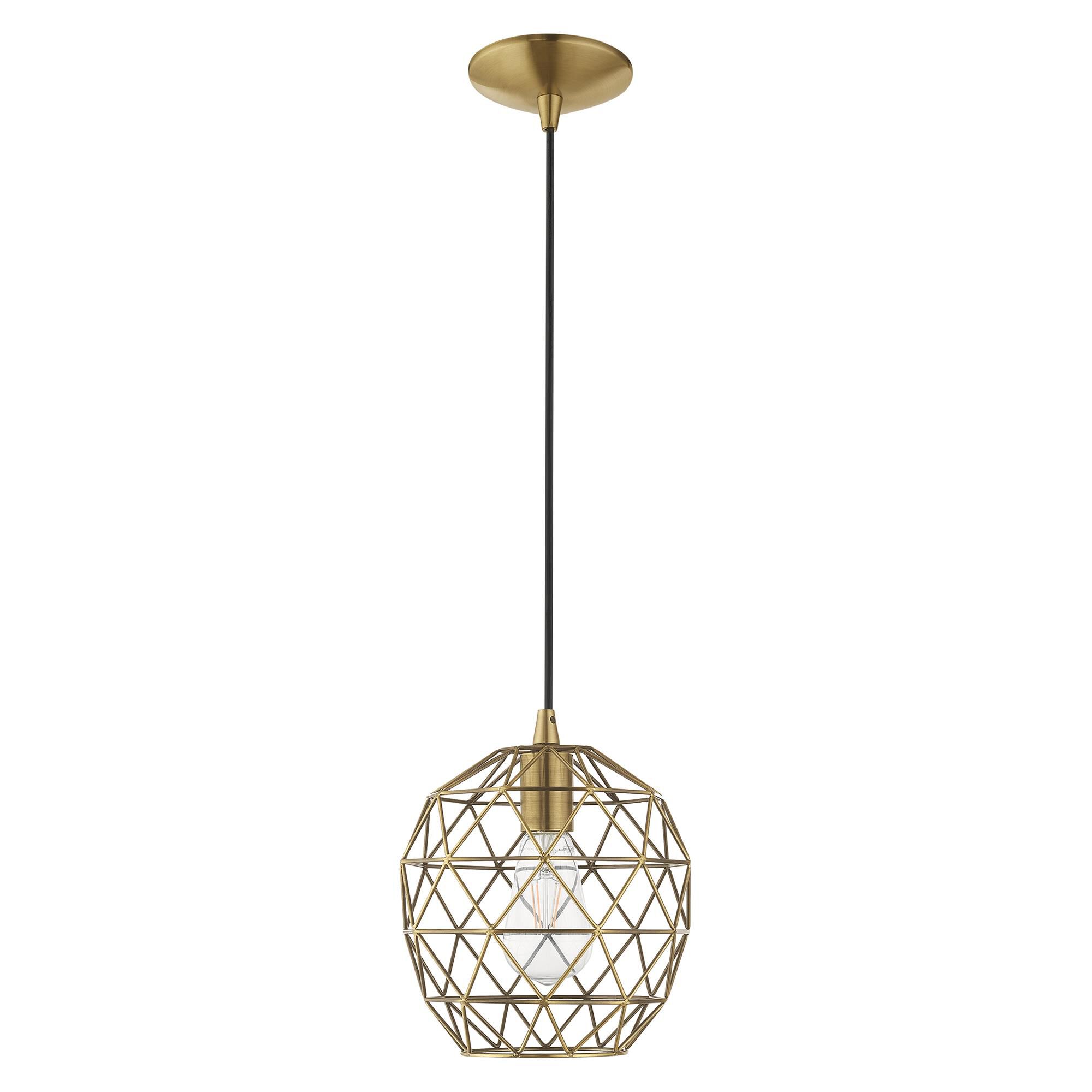Shown in Antique Brass finish and Antique Brass Geometric Metal shade