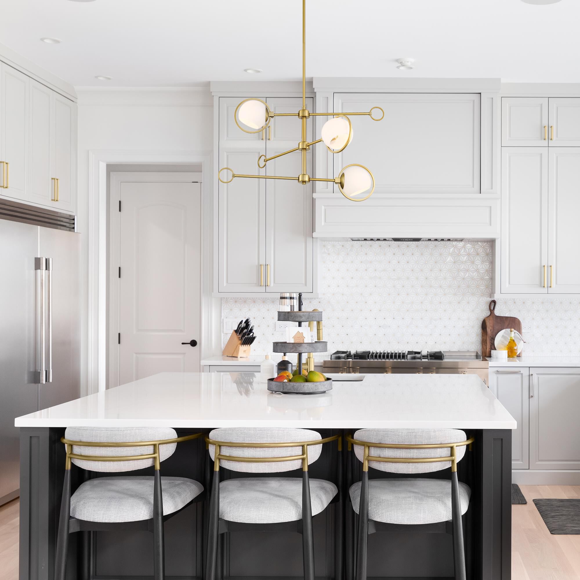 Shown in Brushed Gold finish and Etched Opal glass