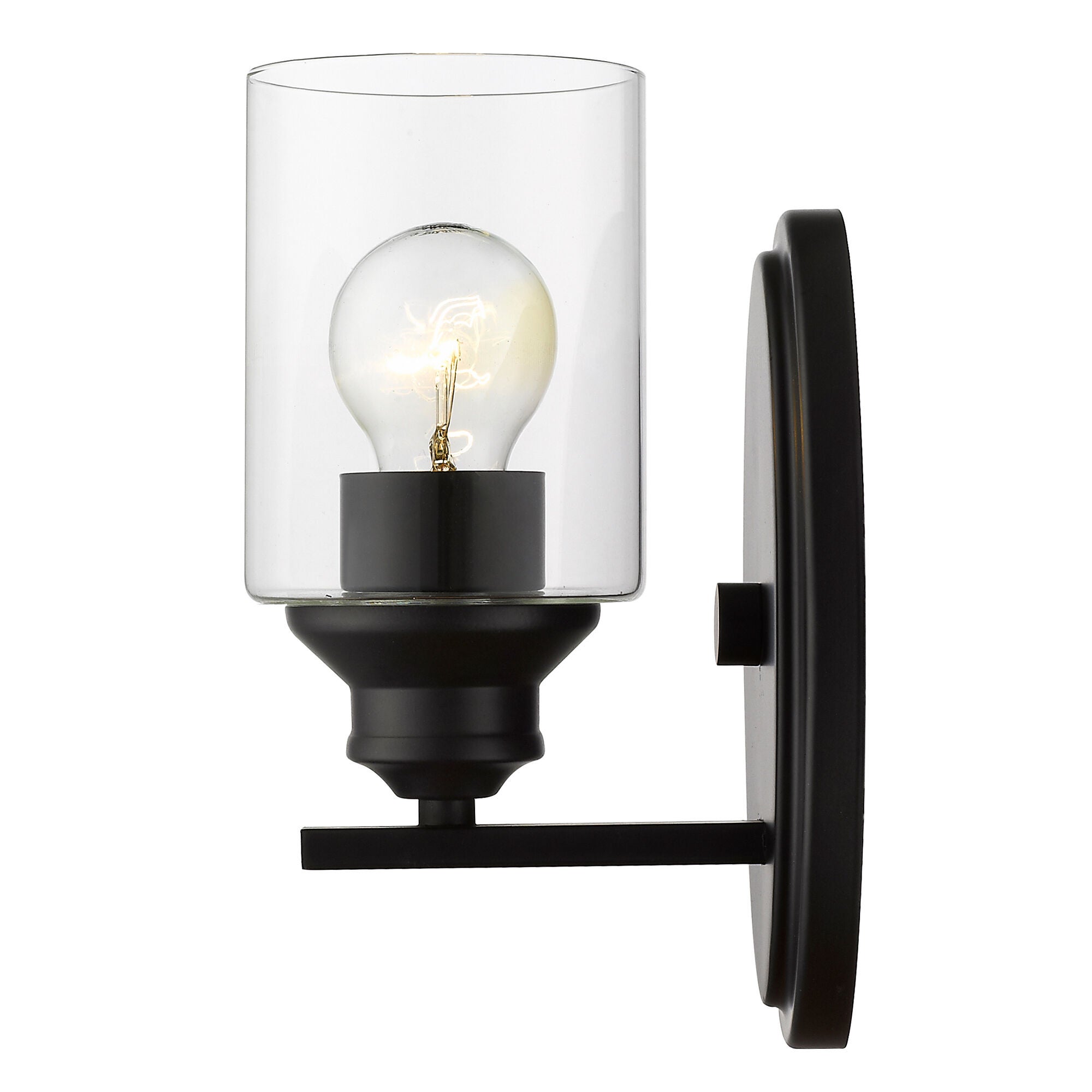 Shown in Matte Black finish and Clear glass and Clear, Cylindrical Glass shade