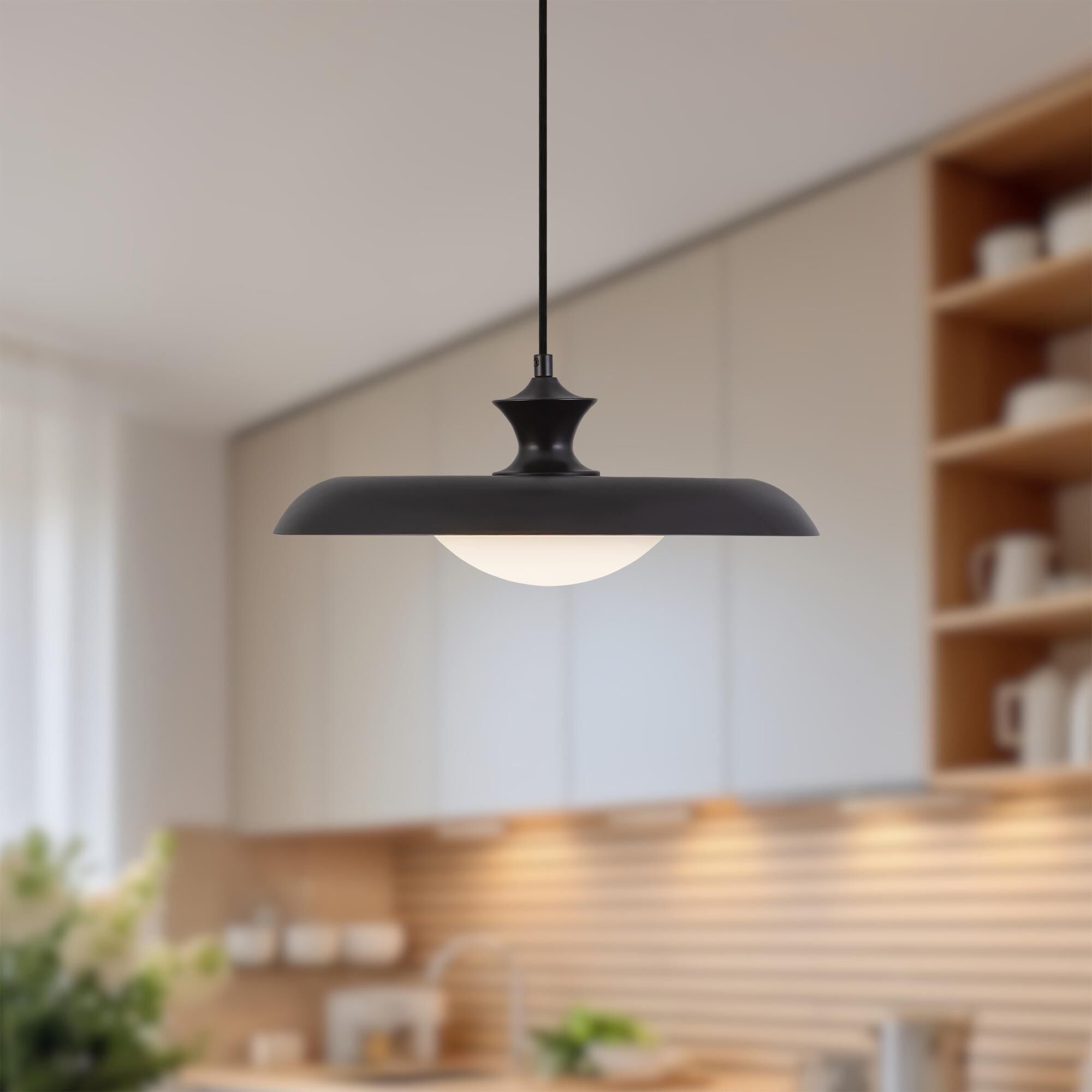 Shown in Glossy Black finish and Opal glass and Steel shade