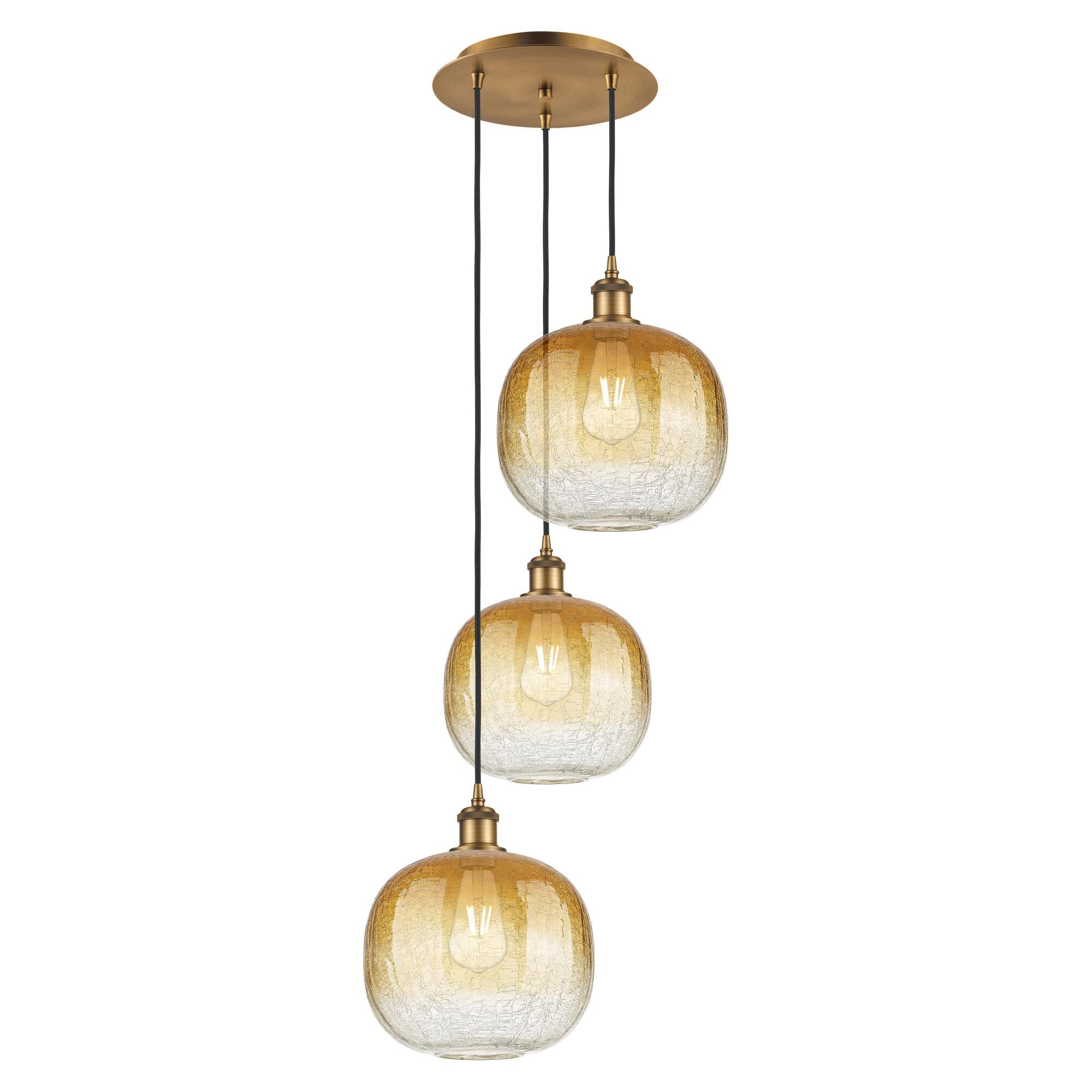 Shown in Brushed Brass finish and Amber glass