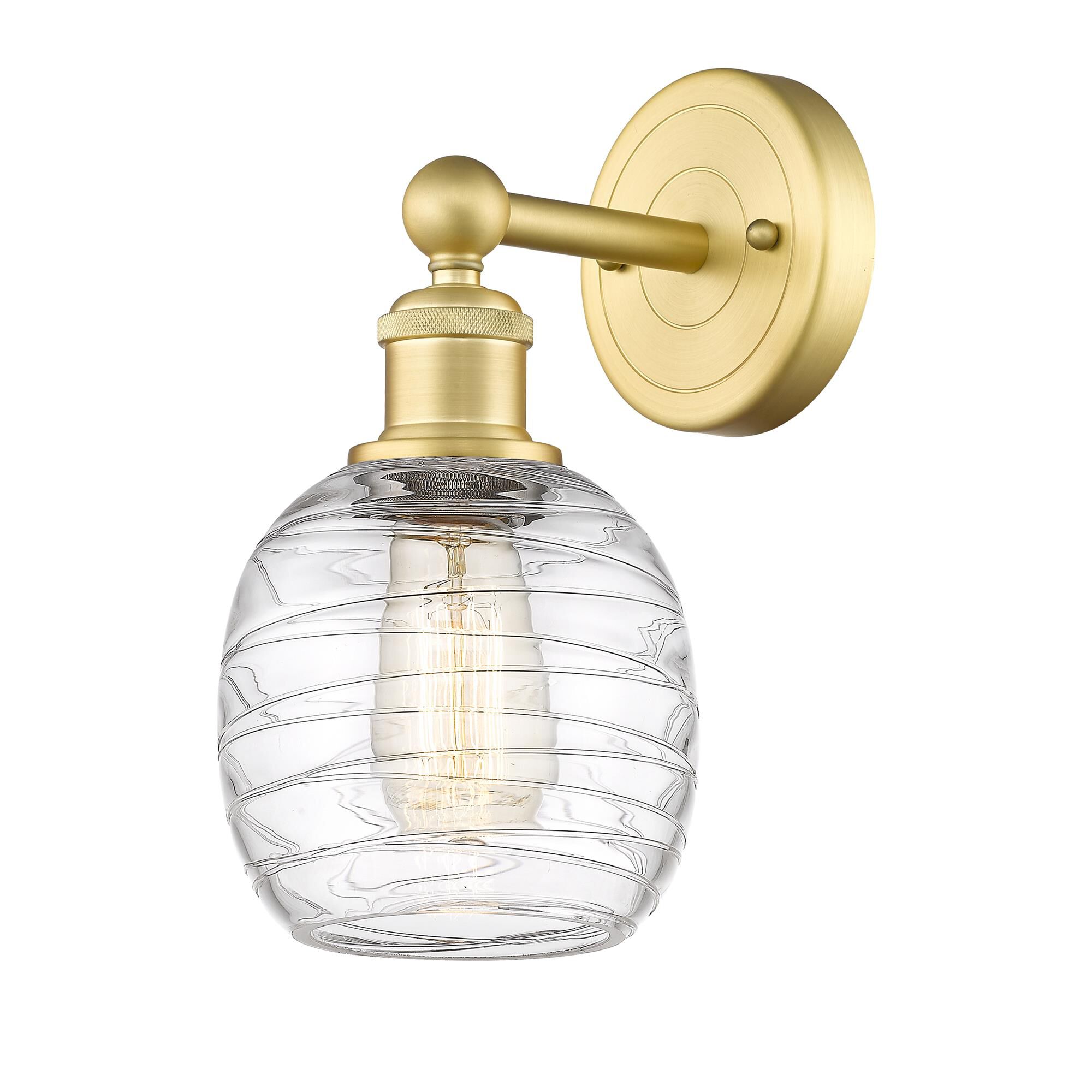 Shown in Satin Gold finish and Deco Swirl glass