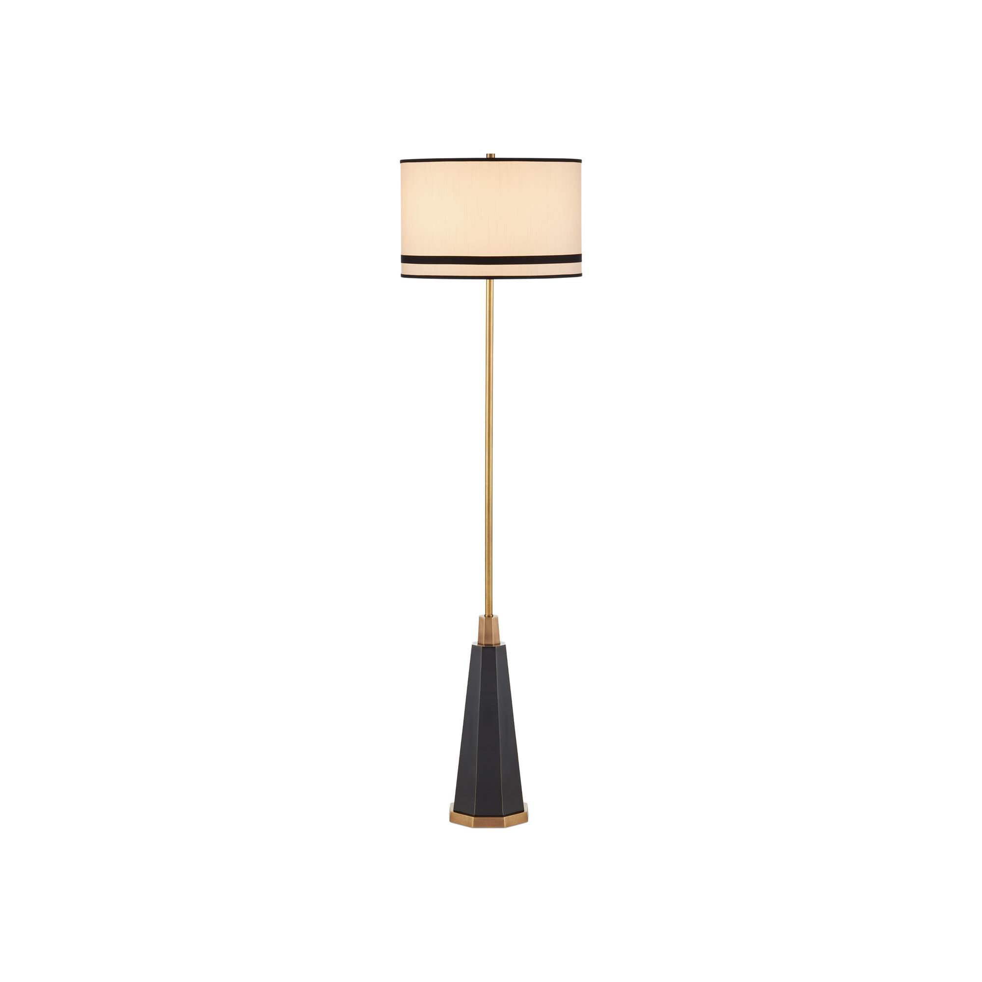 Shown in Black, Bronze and Antique Brass finish and Off-White Polyester/Black Trim shade