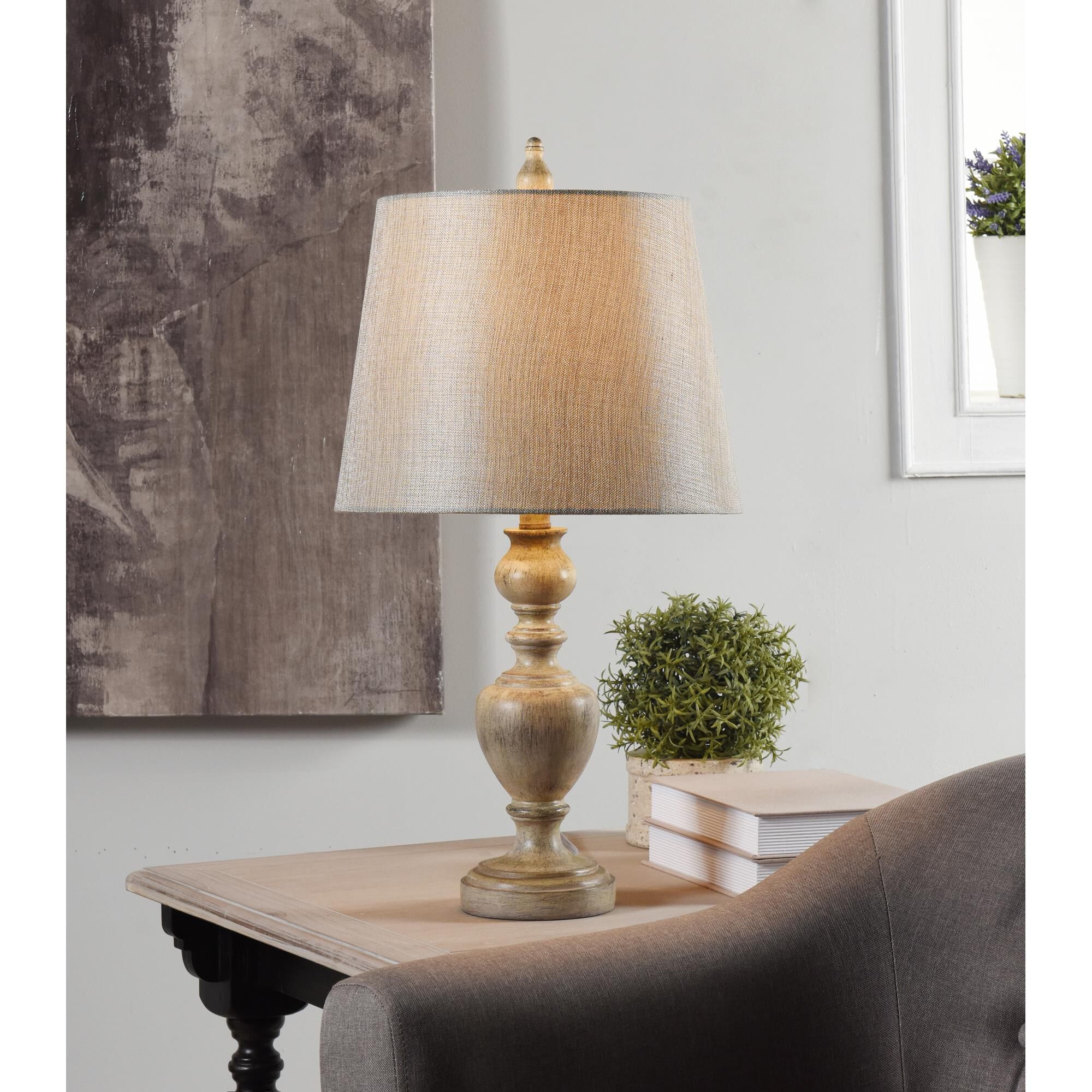 Shown in Distressed Gray, Cream finish and Gray, Cream Hardback Fabric shade