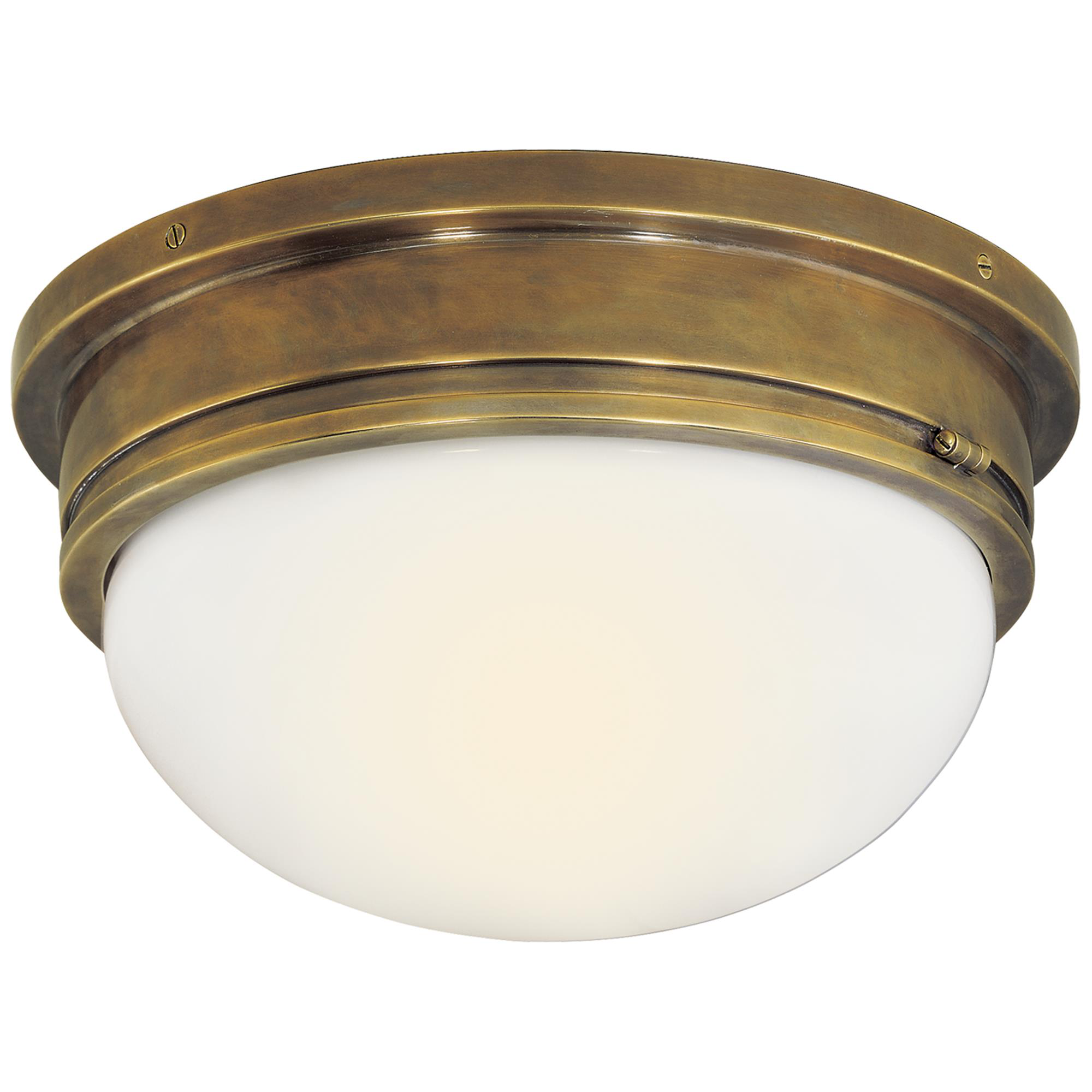 Shown in Hand-Rubbed Antique Brass finish and White glass