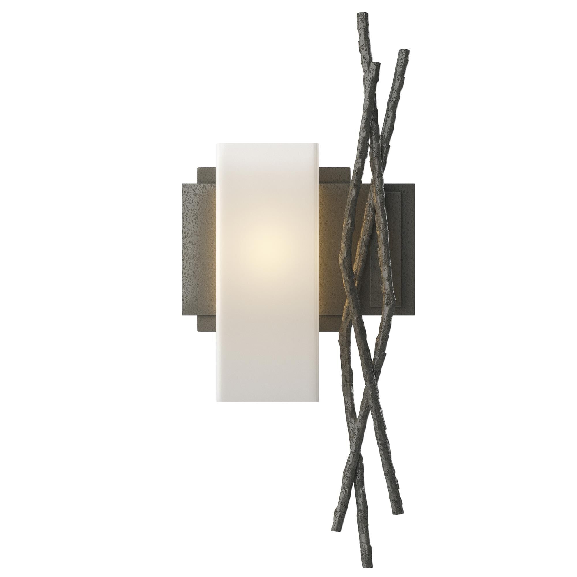 Shown in Natural Iron finish and Opal  glass and Orientation: Left accent