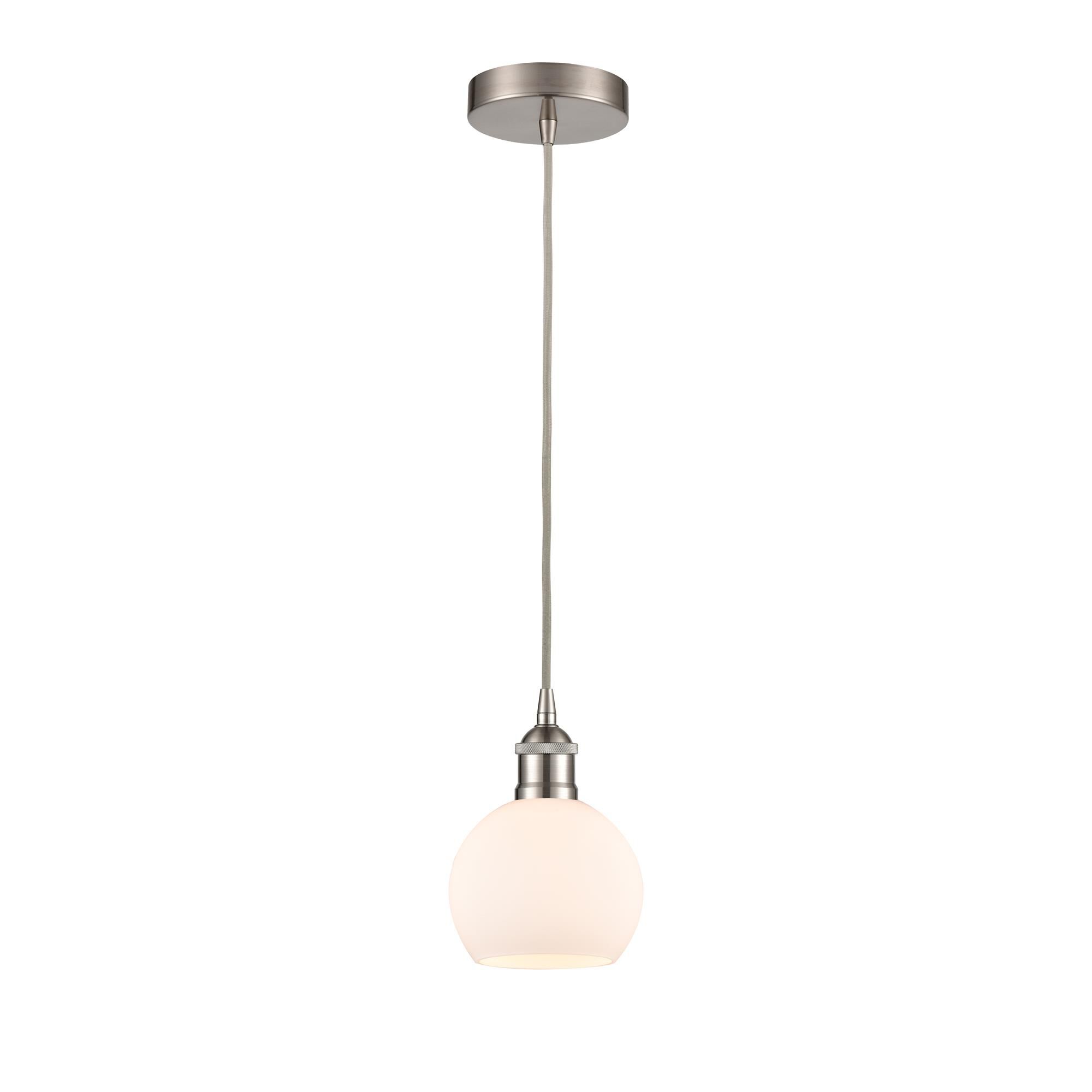 Shown in Brushed Satin Nickel finish and Cased Matte White glass