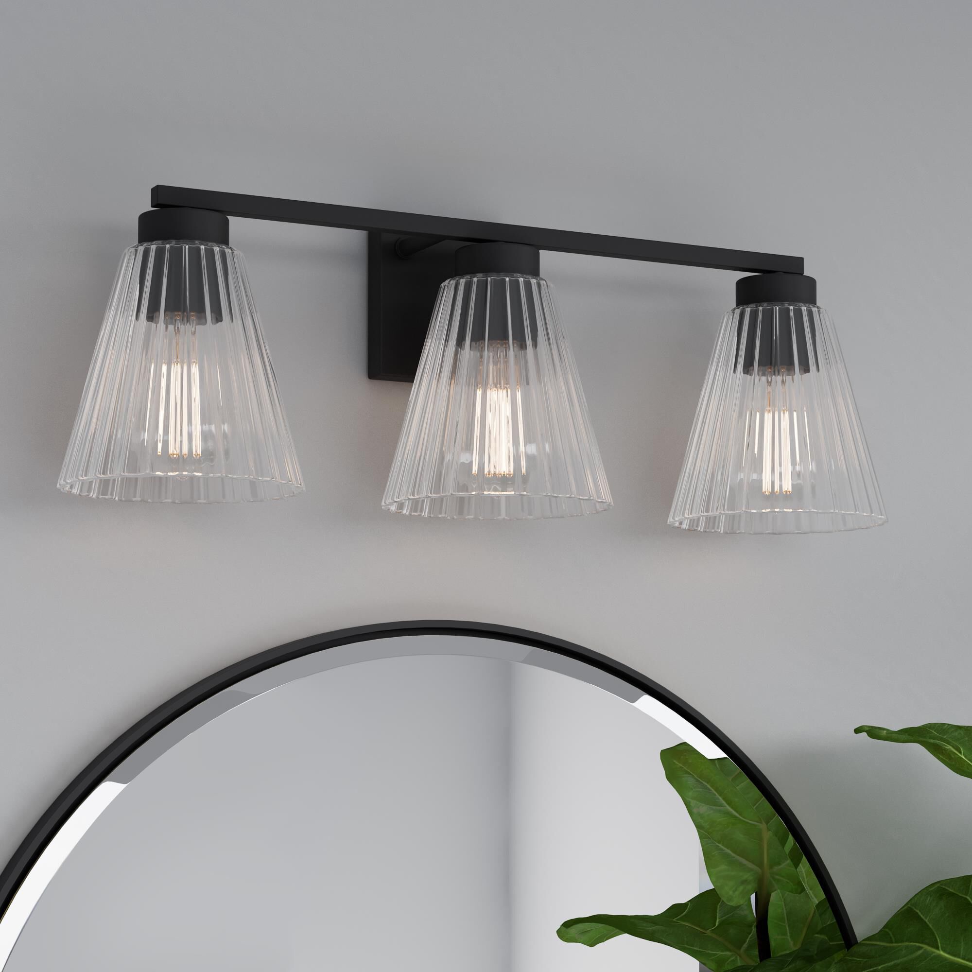 Shown in Matte Black finish and Clear Striated glass