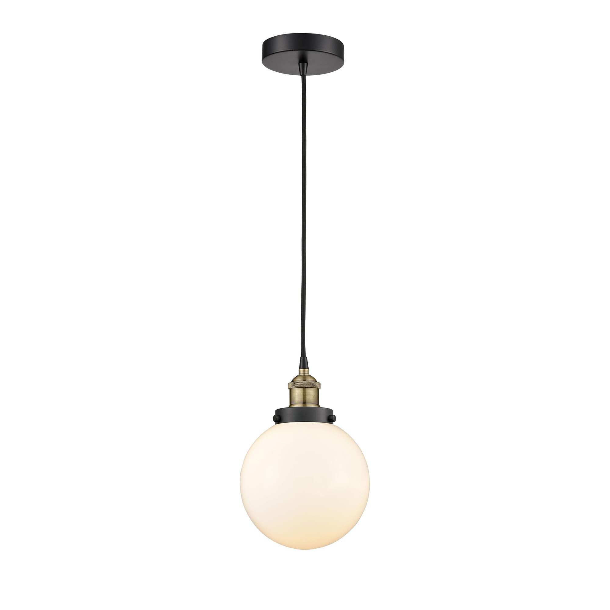 Shown in Black Antique Brass finish and Matte White glass