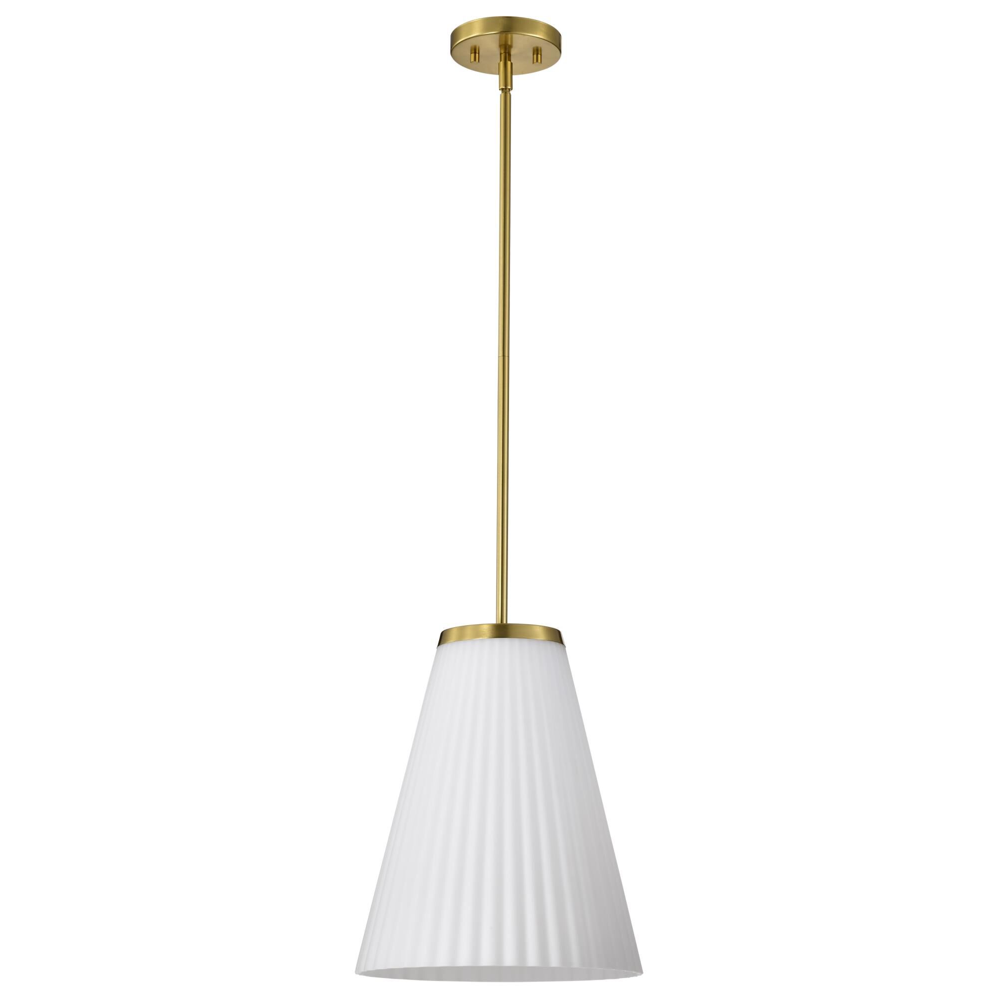 Shown in Burnished Brass finish and Ribbed White glass