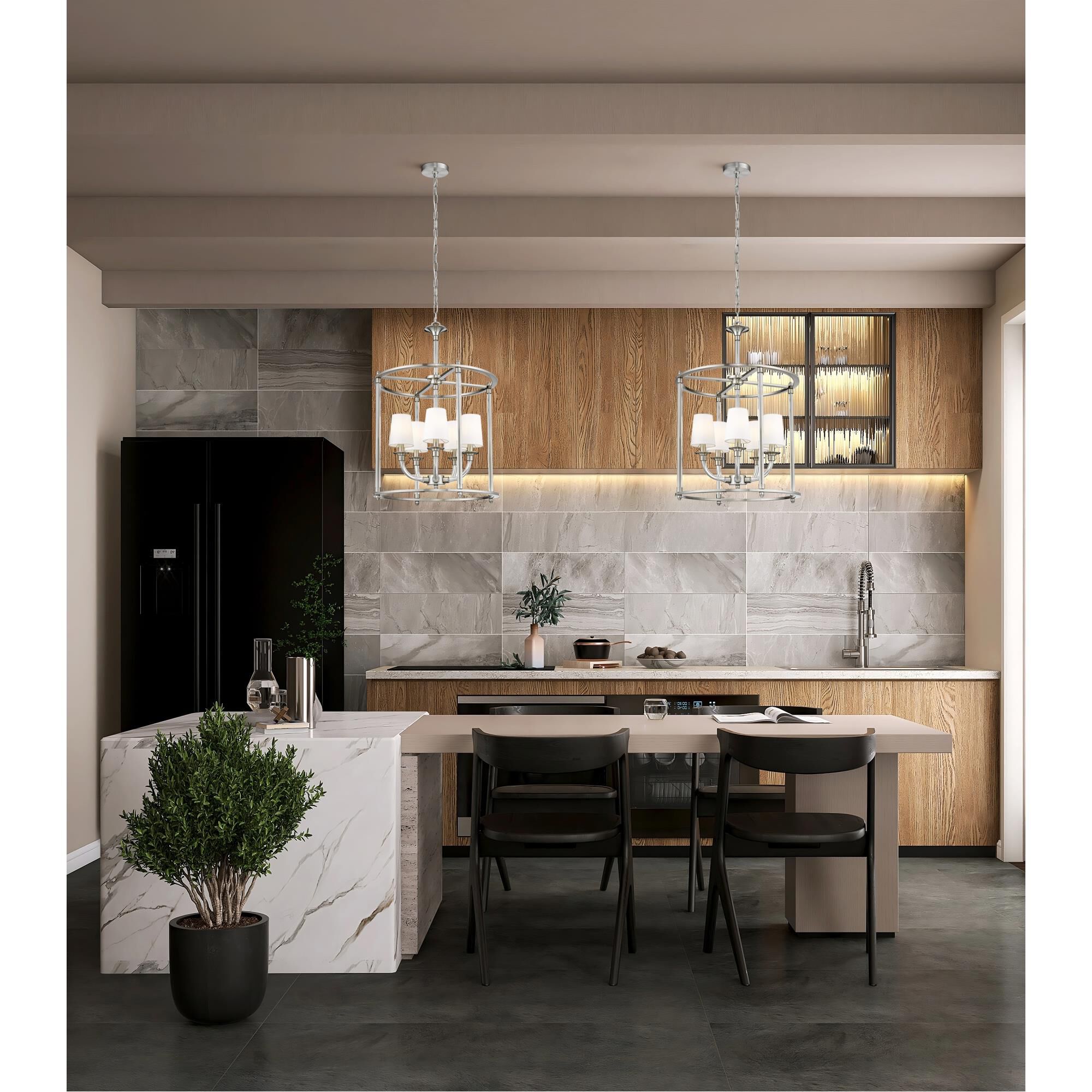 Shown in Brushed Nickel finish and White glass and White shade