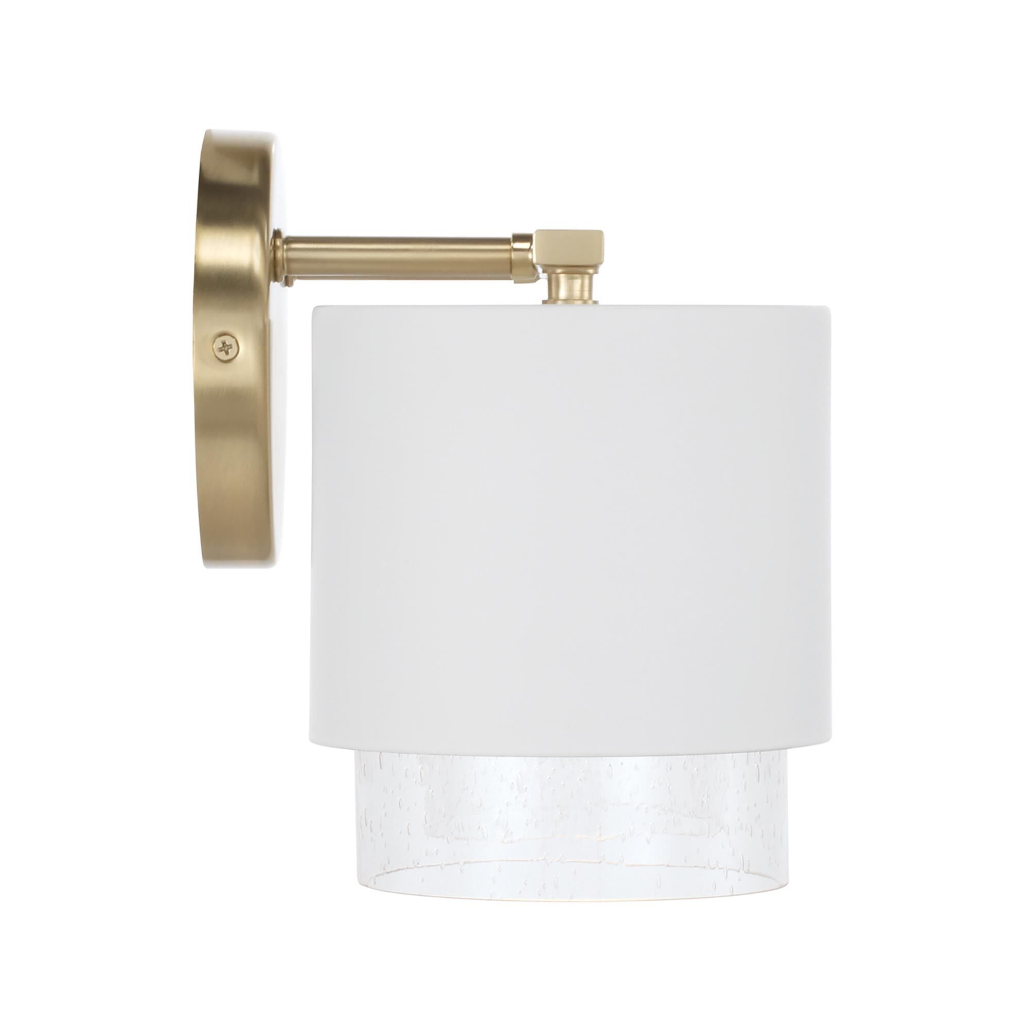 Shown in Matte Brass and White finish and Clear Seeded glass and Metal with Brass Interior shade