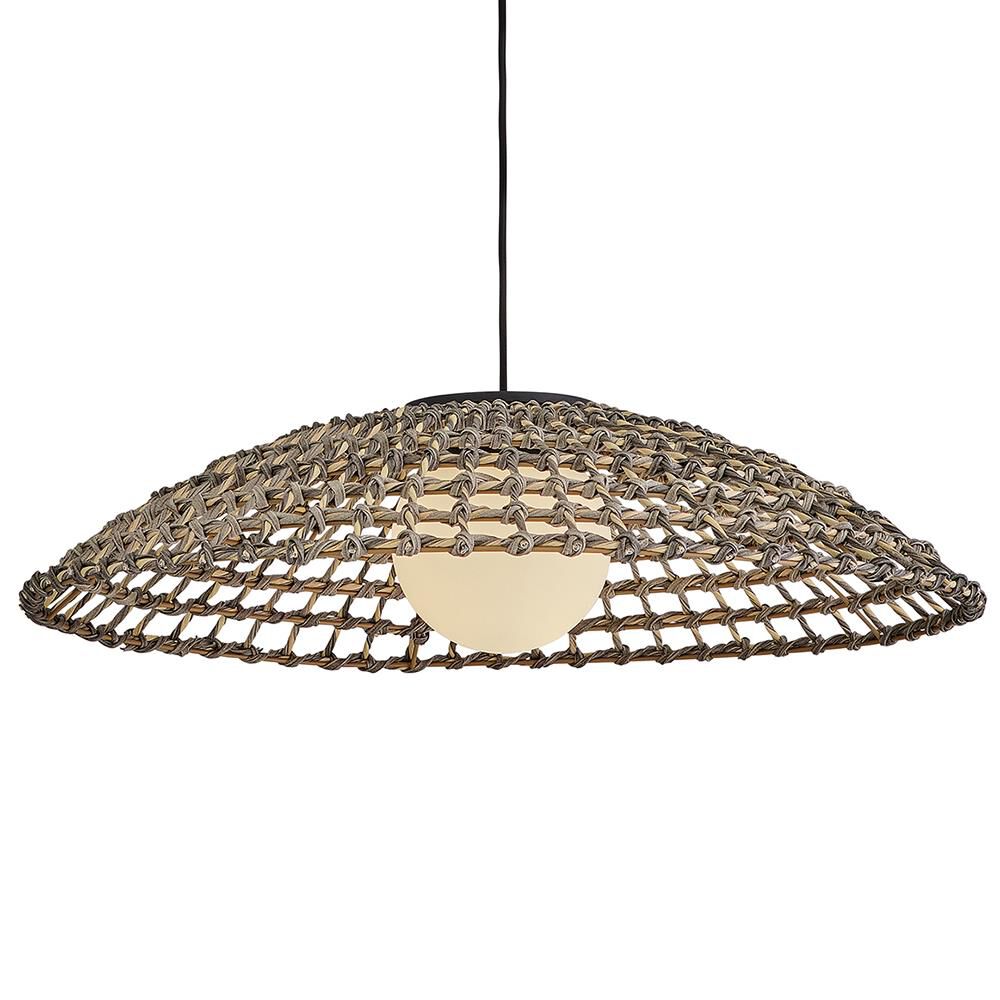 Shown in Black finish and Etched Opal glass and All Weather Rattan shade