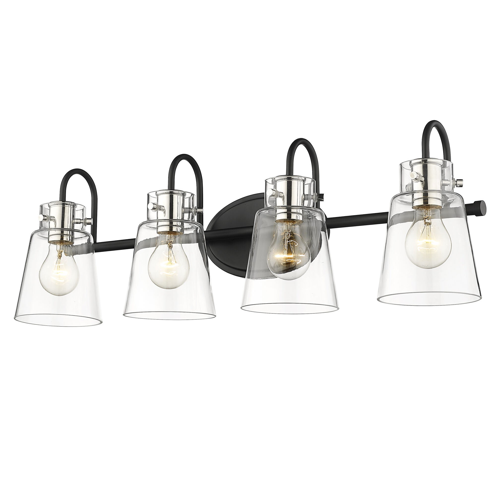 Shown in Matte Black And Polished Nickel finish and Clear Glass shade