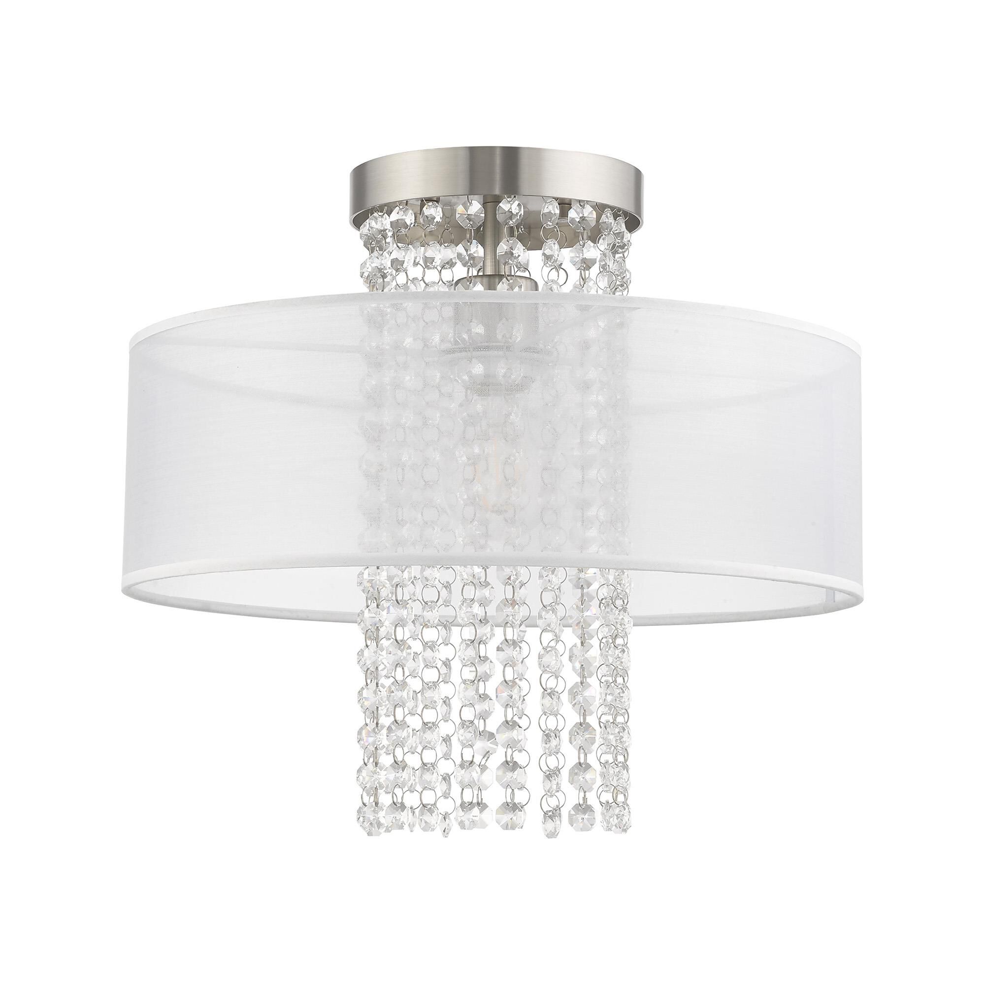 Shown in Brushed Nickel finish and Clear Crystals with Hand Crafted Translucent Fabric shade