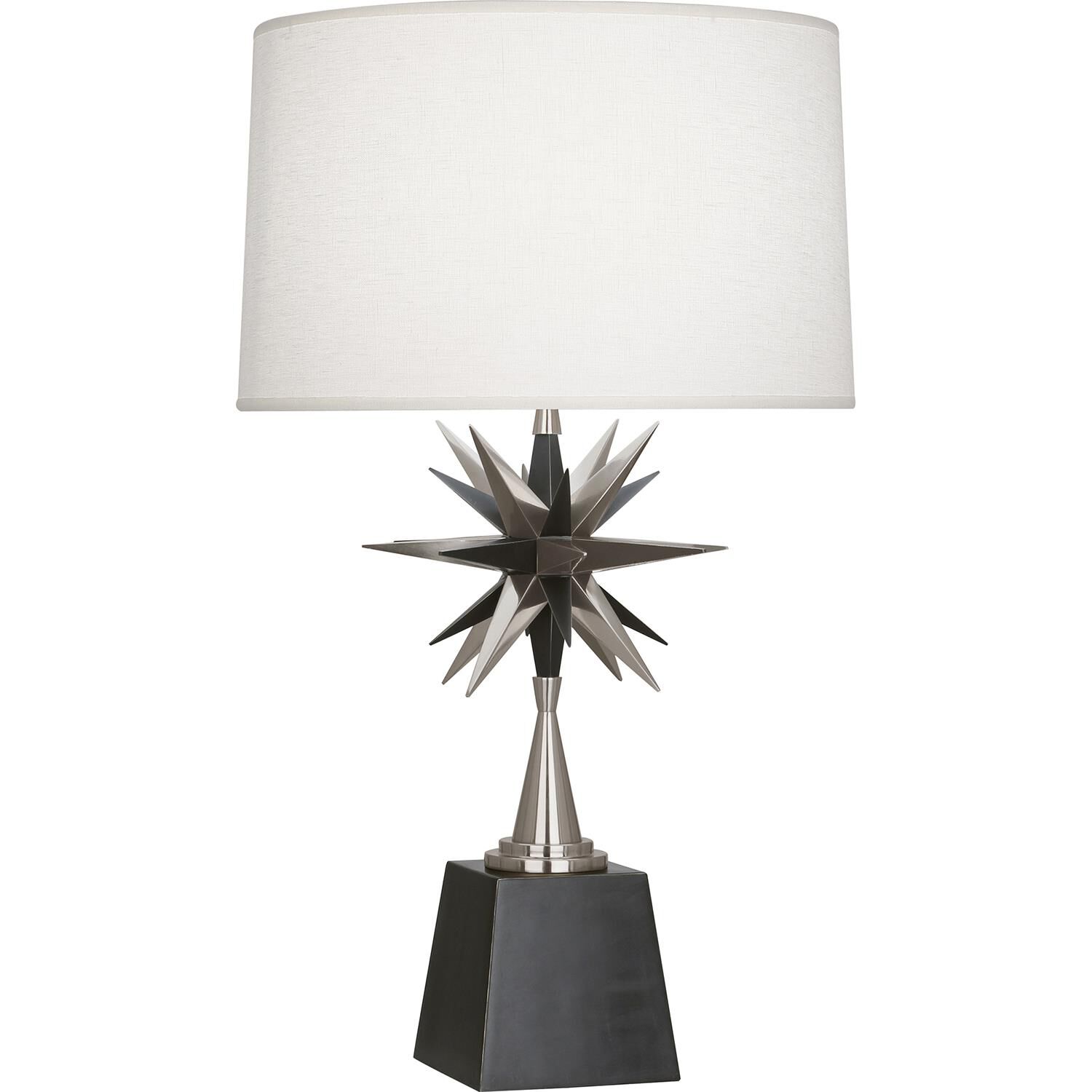 Shown in Deep Patina Bronze  With Antique Silver Accents finish and Oyster Linen Fabric shade