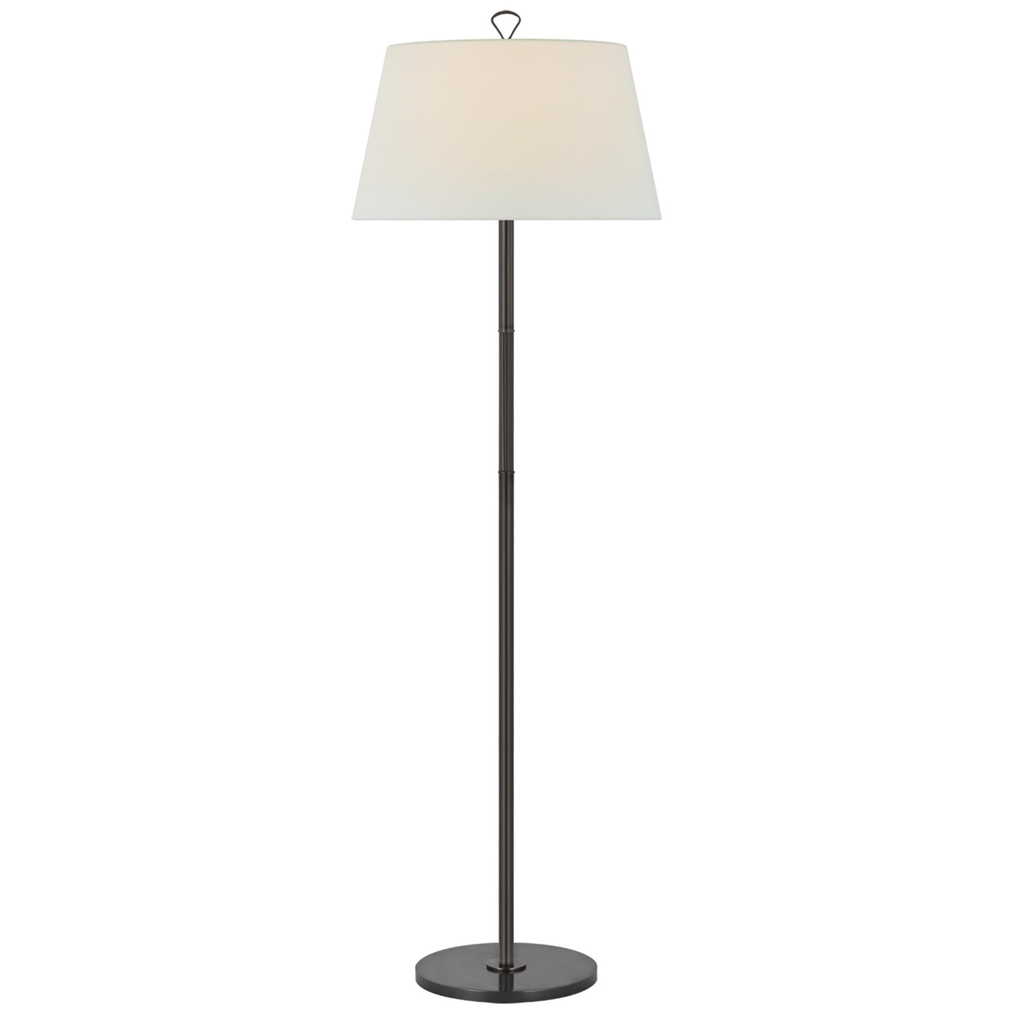 Shown in Bronze and Chocolate Leather finish and Linen shade