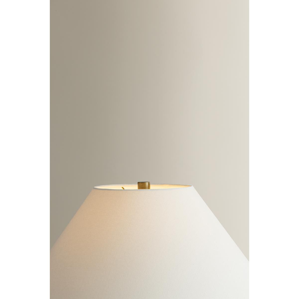 Shown in Patina Brass finish and Off White Linen shade