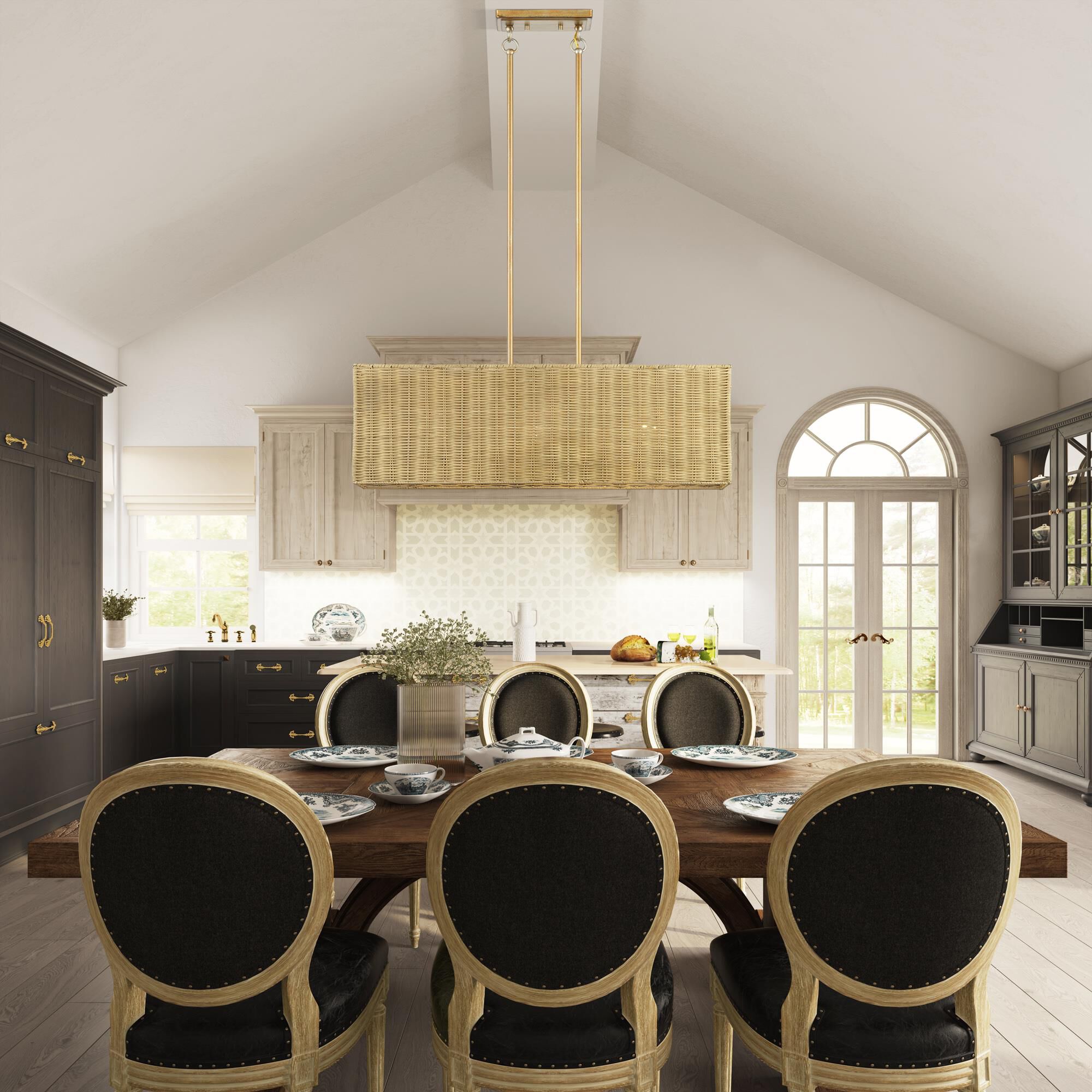 Shown in Antique Gold Leaf finish and Hand-Woven Rustic Walnut Color Rattan shade