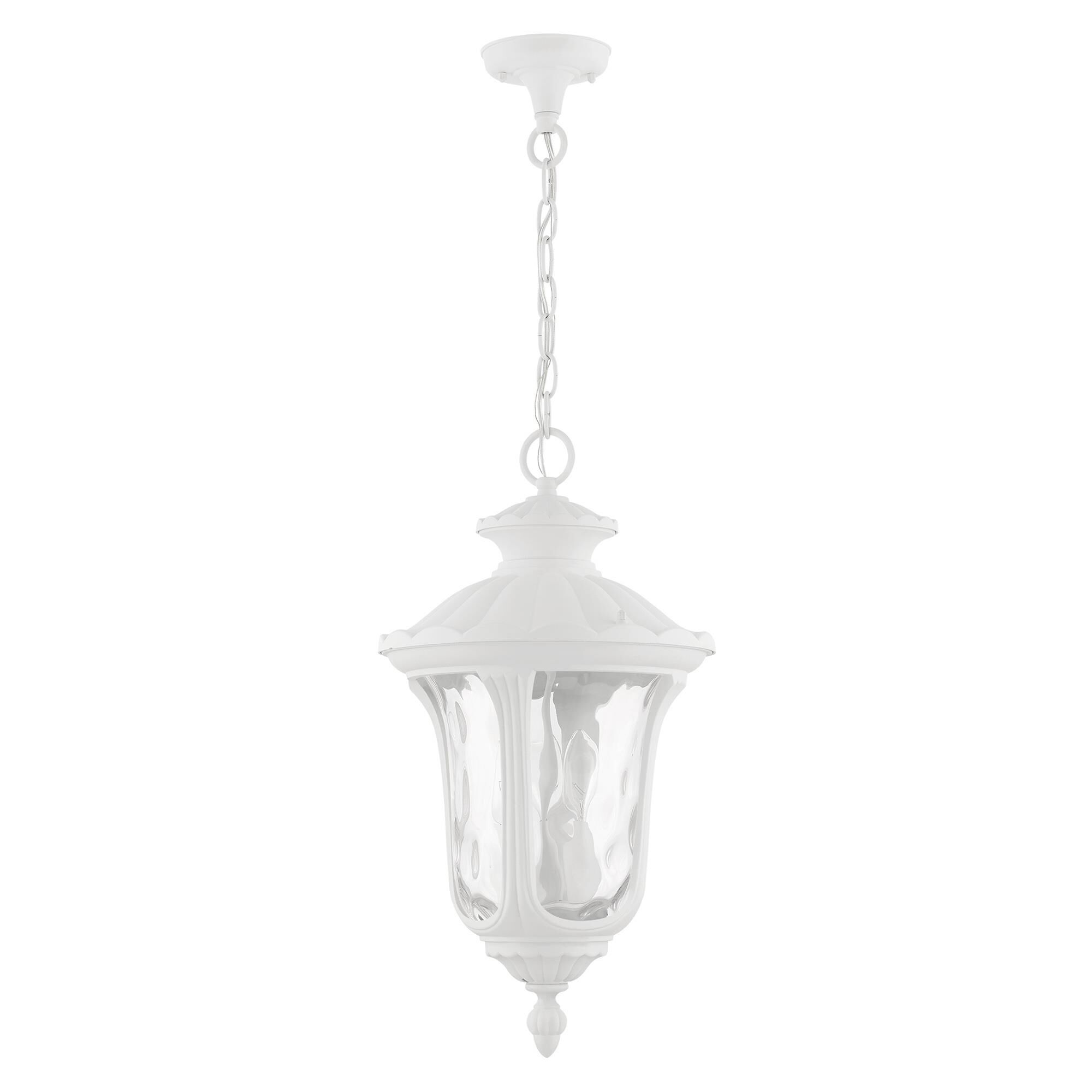 Shown in Textured White finish and Hand Blown Clear Water glass and Hand Blown Clear Water Glass shade